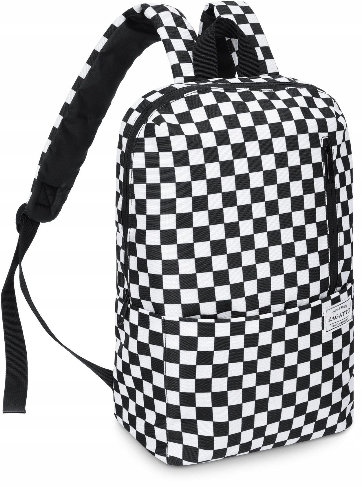 ZAGATTO Schulrucksack Zagatto ZG692 Schwarz-Weiß mit Schachbrettmuster für A4, mit 2 Innenfächern und 2 Vordertaschen für gute Organisation