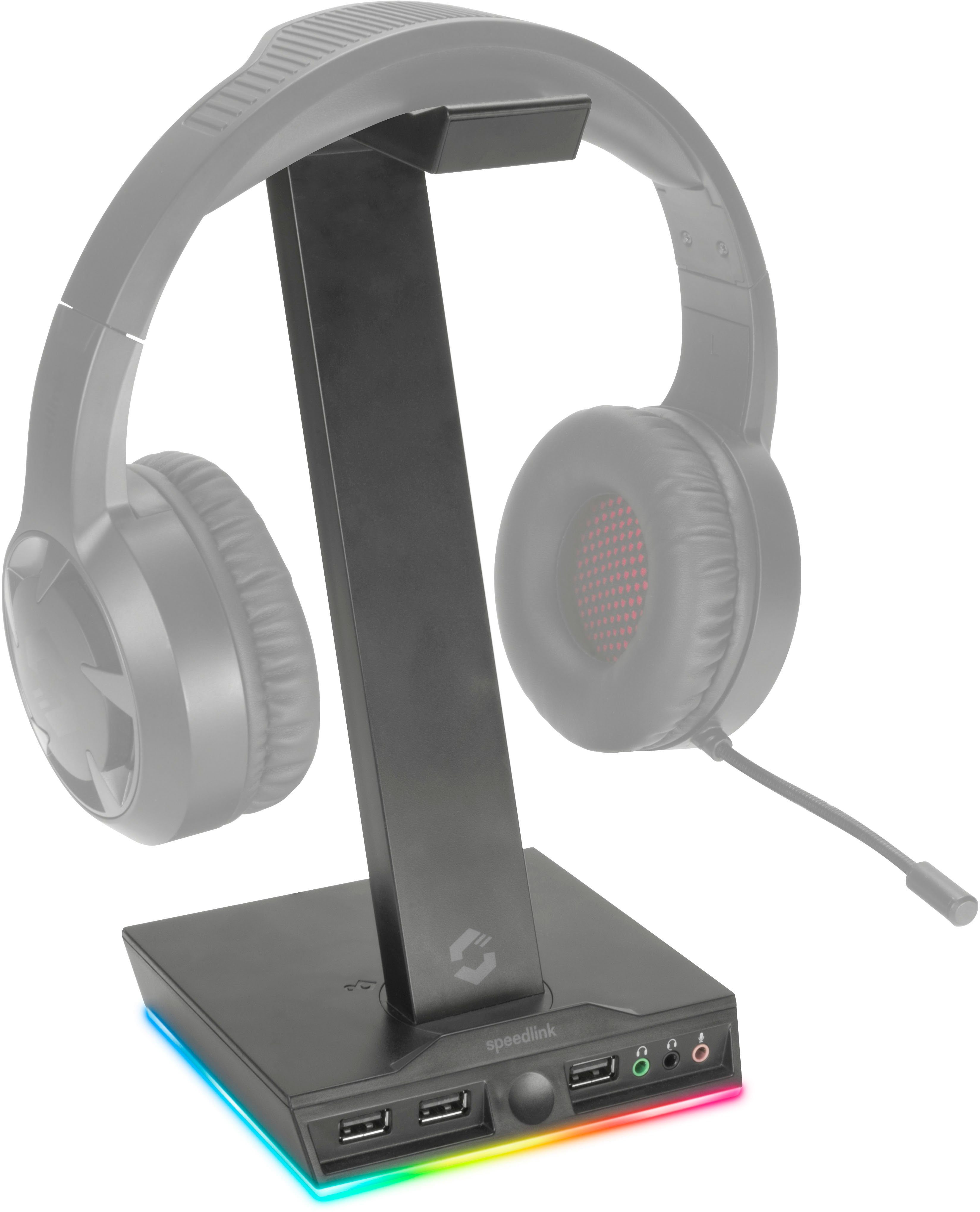 Speedlink Stand mit Beleuchtung Gaming-Headset Zubehör (3-Port USB 2.0  Hub), 3 Klinkenstecker-Anschlüsse für Headset, Kopfhörer und Mikrofon