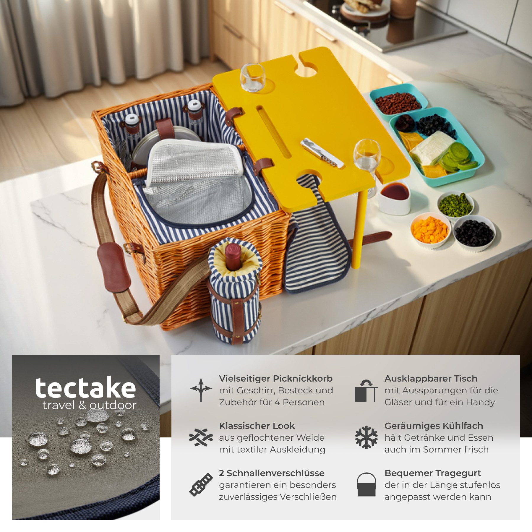 tectake Picknickkorb Ausflugstasche Rügen für 4 Personen, mit Kühlfach & Zubehör (Komplettset, 20-teiliges Geschirrset, Kellnermesser, Gewürzstreuer, Weinkühler), geflochtene Weide, 2 Schnallenverschlüsse und verstellbarer Tragegurt