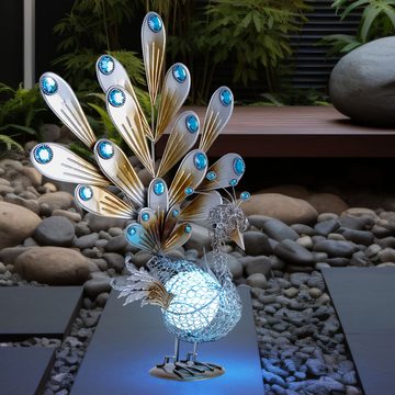 etc-shop LED Dekofigur, LED-Leuchtmittel fest verbaut, LED Solar Außen Deko Leuchte Garten Figur Pfau Dekorsteine Rasen Lampe