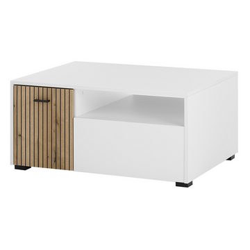 Lomadox Couchtisch HUNTER-61, Wohnzimmertisch weiß matt Eiche Rillen 90x43x70 cm