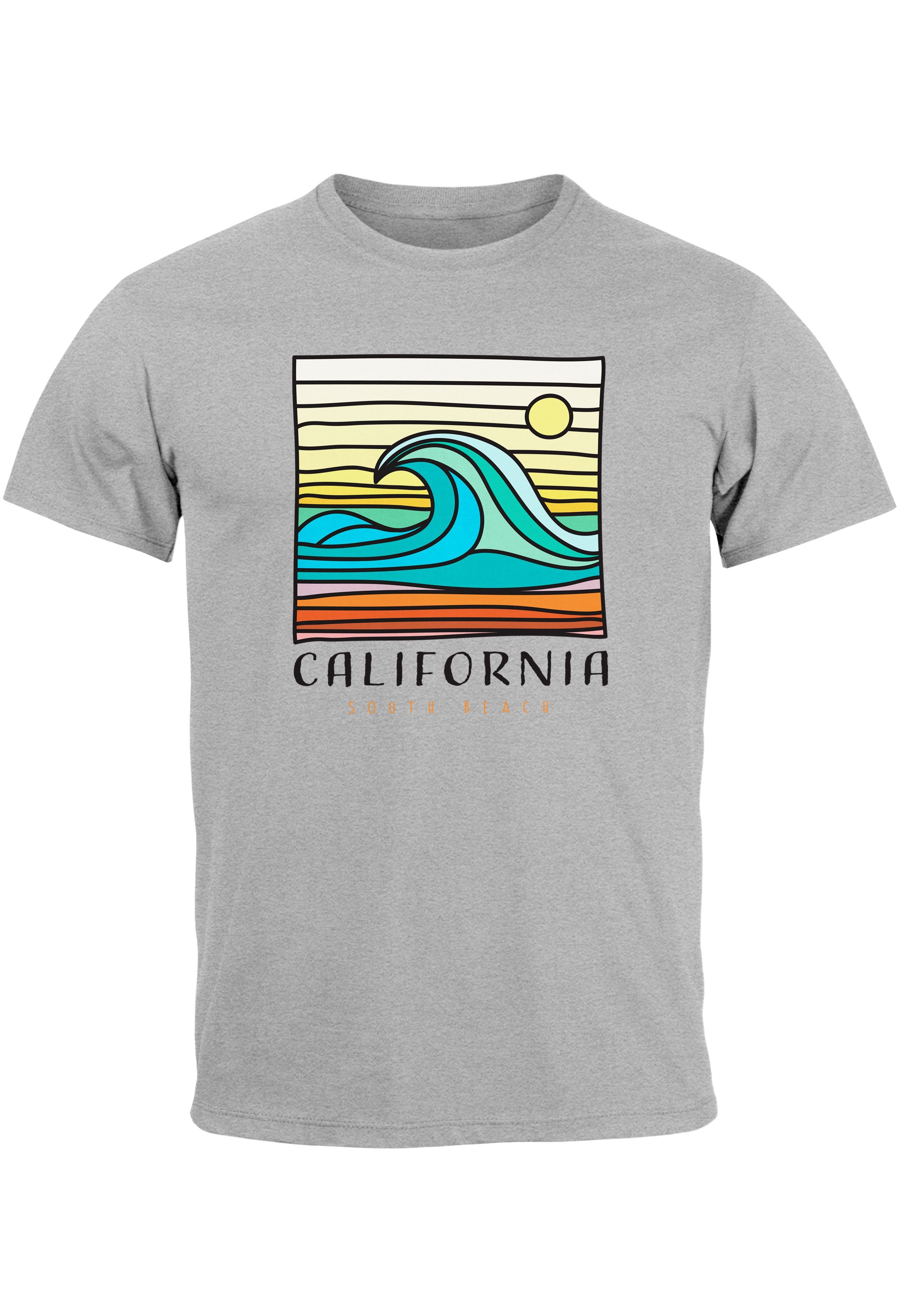 Welle South Print-Shirt Neverless T-Shirt Beach California mit grau Herren Aufdruc Print Wave Print Surfing
