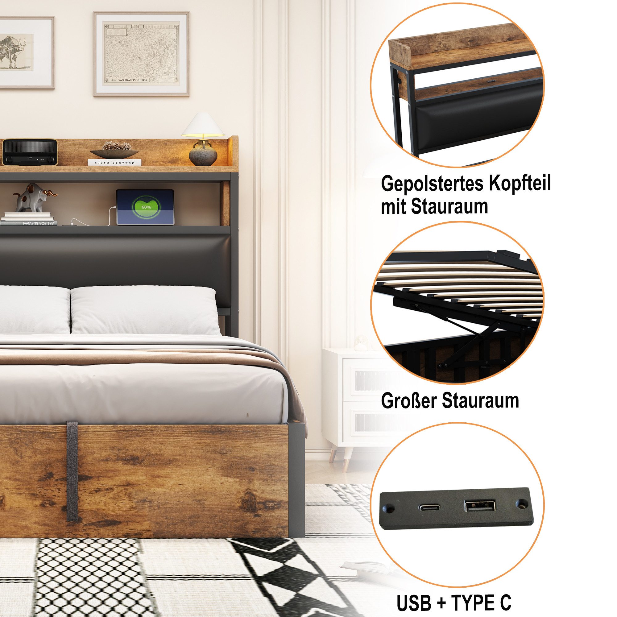BlingBin Polsterbett Hydraulisches Funktionsbett Jugendbett Stauraumbett mit USB-Anschluss (Bettrahmen mit Gepolstertem Kopfteil, Retro-Holz- und Metalldesign, Versteckte Stauraumschicht, 1-tlg., 90 x 200cm, Ohne Matratze, Gewichtskapazität: 200KG), Moderne Schlafzimmermöbel, Einzelbett/Doppelbett, Schwarz und Holz