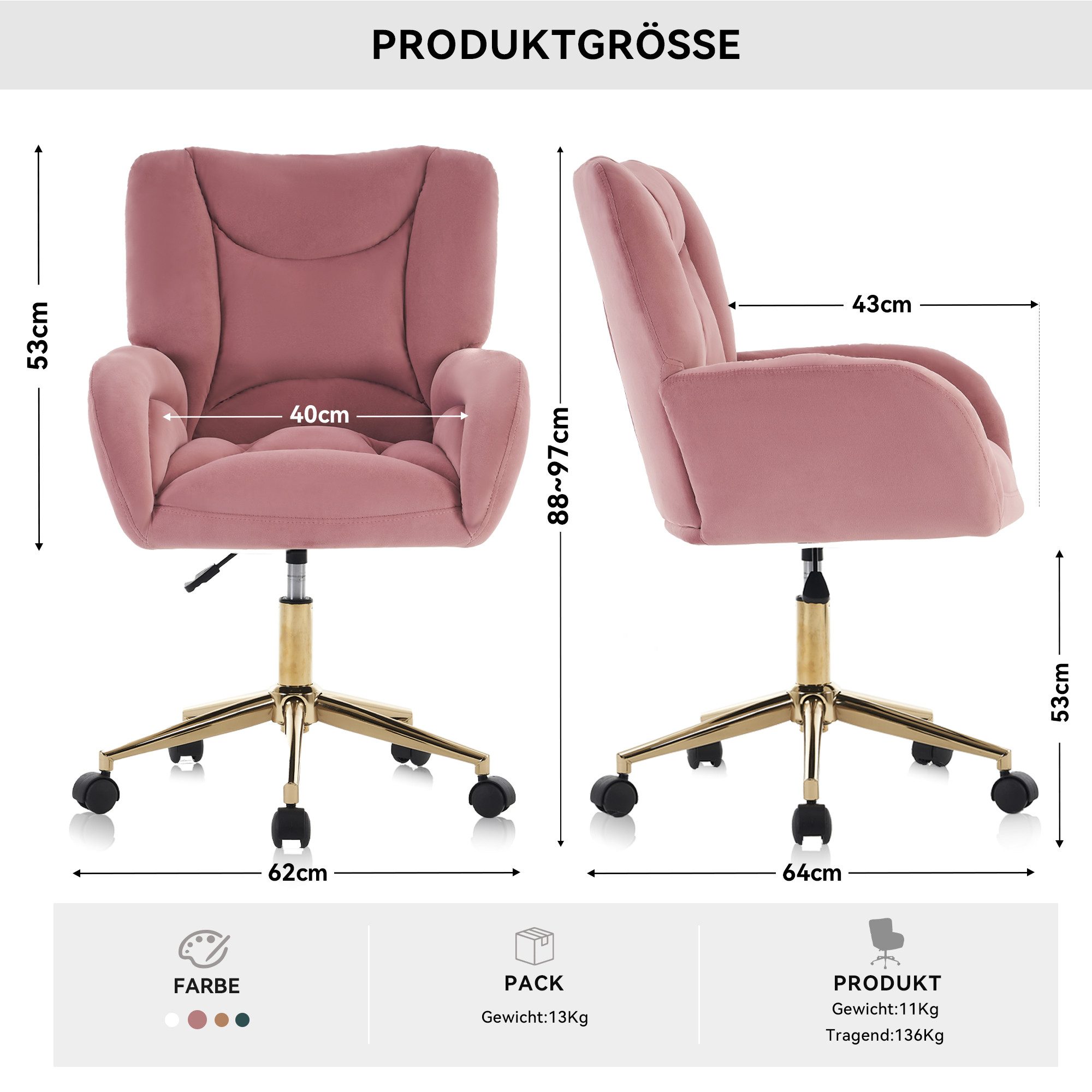 DEKKETO Polsterstuhl Bürostuhl, Schreibtischstuhl, Schminkstuhl & Drehstuhl aus Samt (1 St), mit goldenem Fußkreuz, ideal für Schlafzimmer & Home Office