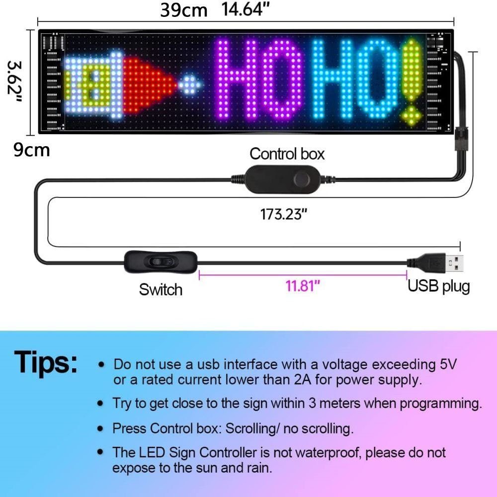 VIVIHEYDAY Hinweisschild Flexible USB RGB LED Anzeige Board, (Bluetooth Smart App RGB LED Laufschrift Programmierbar Sign, für Car, Shop, Bar, Graffiti, Text, Animation Anzeige)