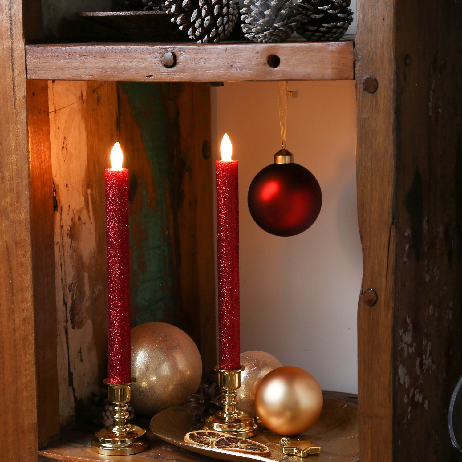 MARELIDA LED-Kerze LED Stabkerzen goldene Kerzenständer flackernd Echtwachs  2 Stück rot glitzernd (2-tlg)
