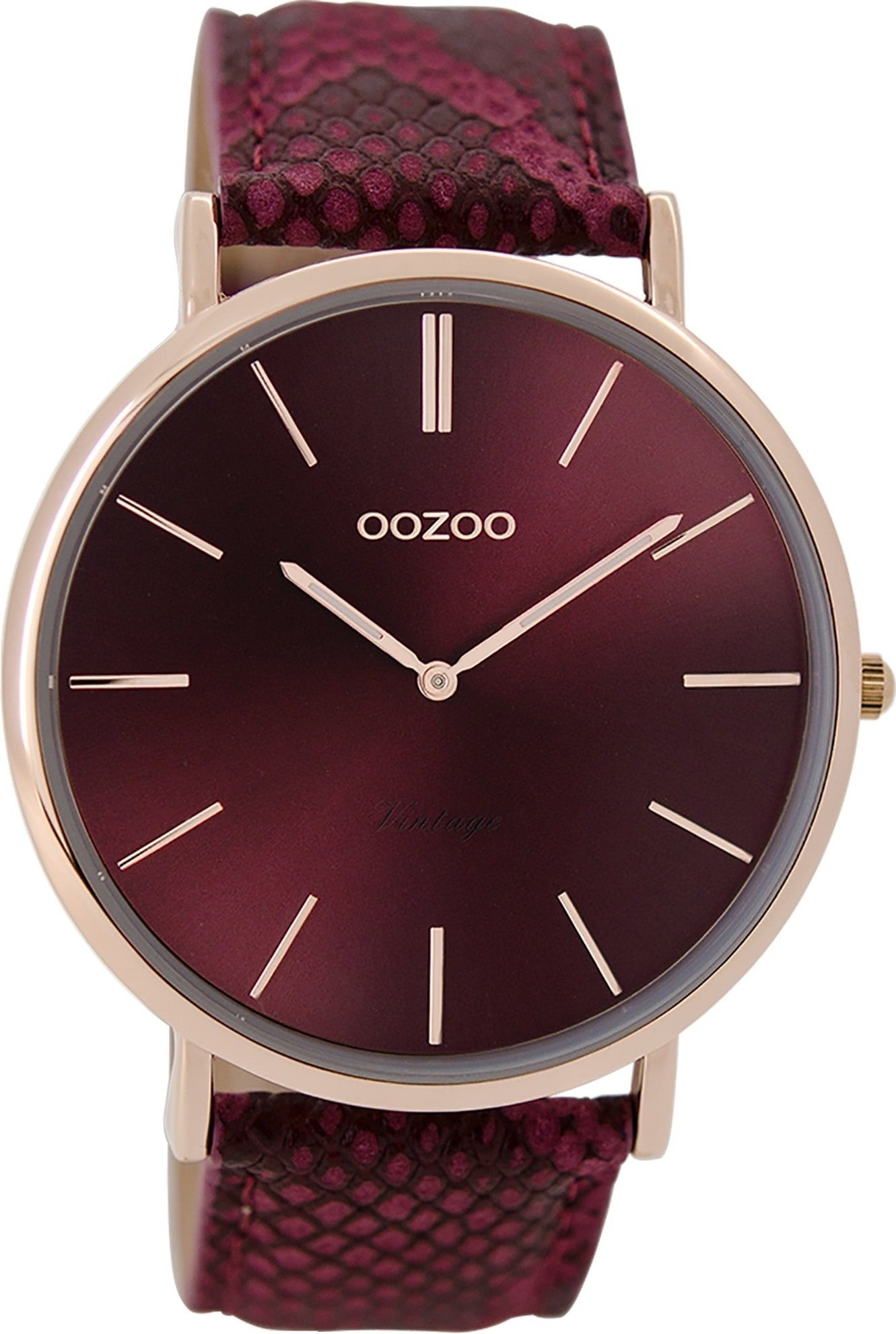 OOZOO Quarzuhr Oozoo Vintage Damen Armbanduhr, (Analoguhr), Damenuhr rund, groß (ca. 44mm), Lederarmband rot, Fashion