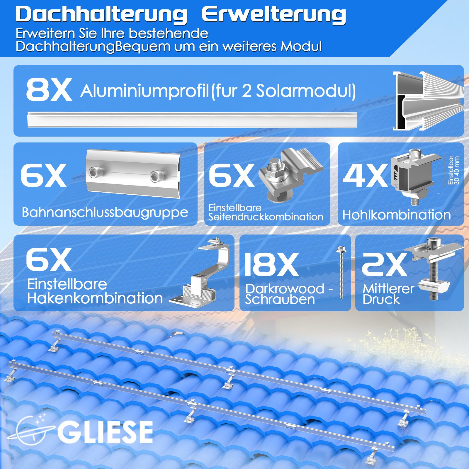 GLIESE Solarmodul-Halterung Solar-Halterung für Ziegeldach Montageset Dach, (bis 96,85 Zoll, packung, 44-tlg., 8 schienen 4Seitendrücke 2 Mittendrücke 6 Schienenverbinder 6 Haken, Solar-Halterung Ziegeldach Montageset Dach Befestigung 2 Solarmodule)