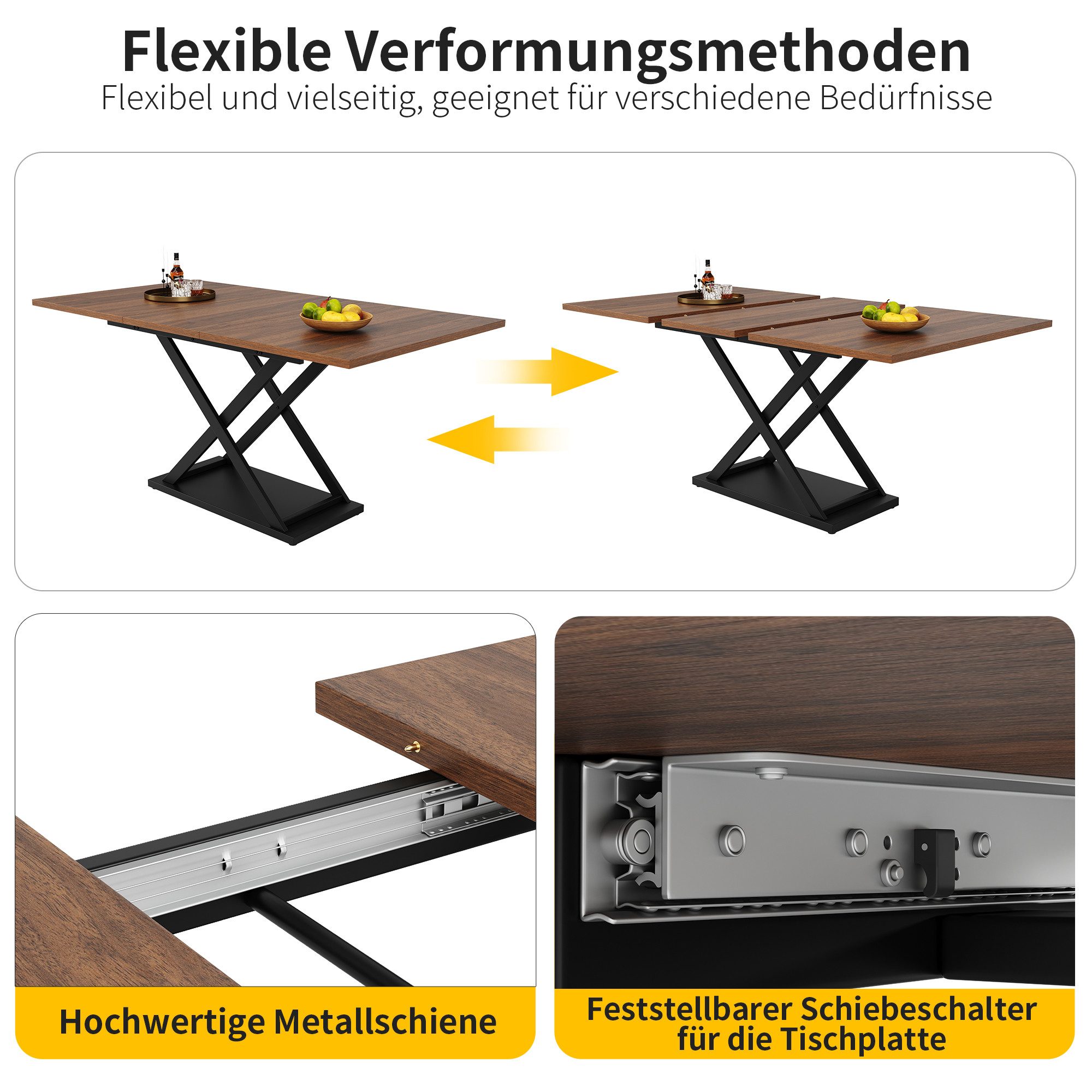 IDEASY Esstisch 120-160×80cm, Teleskoptisch, Schwarz gekreuzte Eisenbeine (Geeignet für Küche/Wohnzimmer/Arbeitszimmer/Büro), Ausziehbarer Küchentisch, platzsparender Arbeitstisch