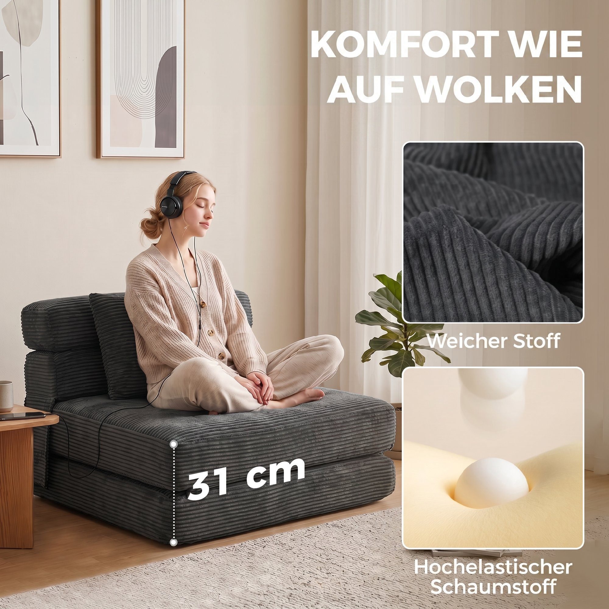 HOMCOM Bodenkissen Klappbar Schlafsessel Schlafsofa mit Schlaffunktion, Cord-Optik, 2-in-1 klappbar, Lendenkissen, Seitentaschen – Bild 5 von 5