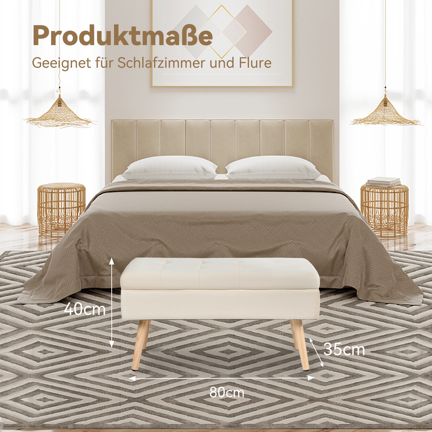 HawthyHome Polsterbank aus Samt mit Stauraum Sitzbank mit Holzbeinen