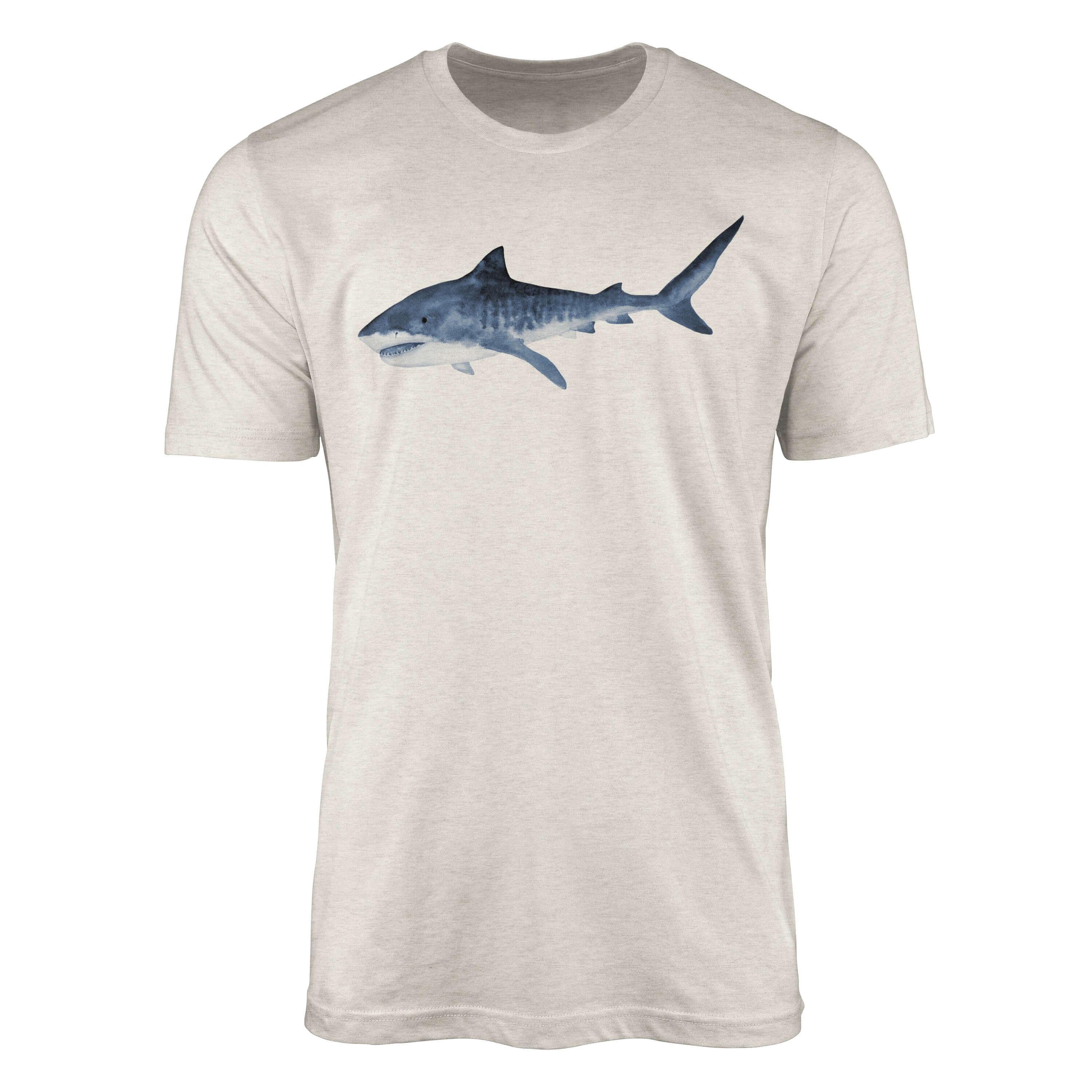 Sinus Art T-Shirt Herren Shirt Bio-Baumwolle 100% Wasserfarben Ökomode erne aus gekämmte Motiv T-Shirt Hai (1-tlg) Nachhaltig