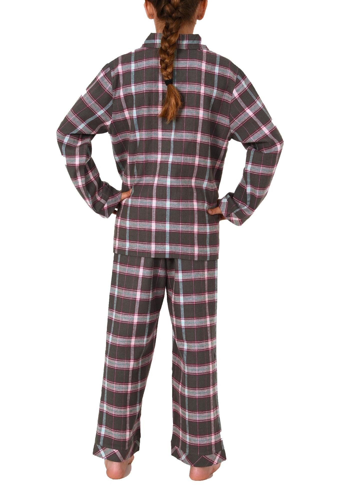 Normann Pyjama Mädchen Flanell langarm Schlafanzug in Karo Optik mit Knopfleiste