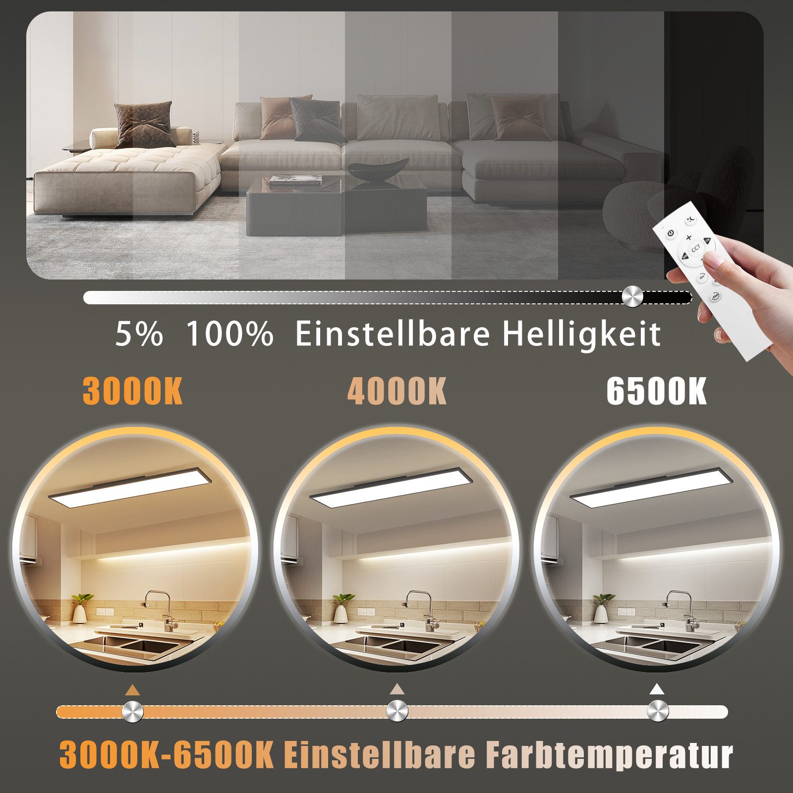 ZMH LED Deckenleuchte LED 3000-6500K dimmbar 100/120cm Schwarz/Weiß Deckenlampe, LED fest integriert, warmweiß, neutralweiß, kaltweiß, 40W Rechteckig 4100LM Tim – Bild 5 von 5