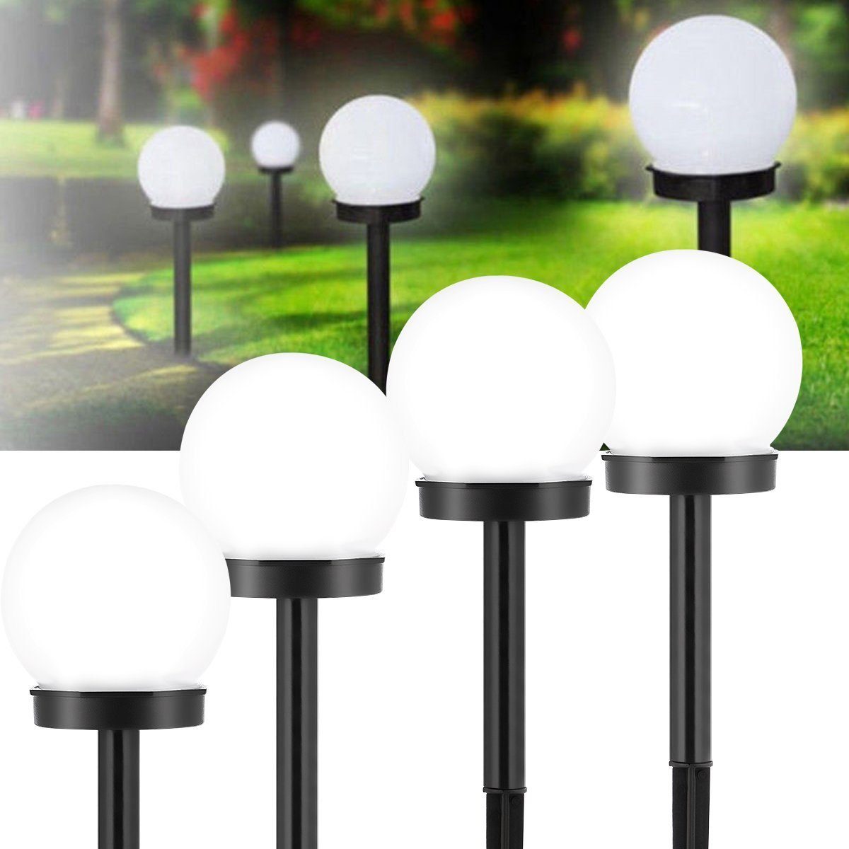 LETGOSPT Gartenleuchte mit Stück Erdspieß Kugel Solarleuchte Kaltweiß Garten 4 LED 4x Leuchte