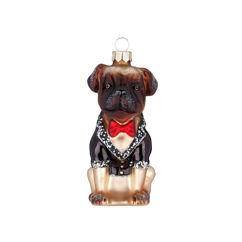 Holly & Jolly Christbaumschmuck, Christbaumschmuck Mops im Frack Glas 9cm Braun Beige