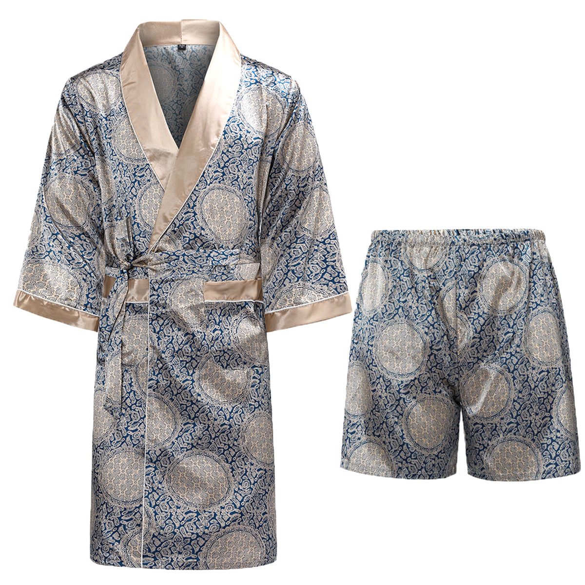 Allthemen Pyjama (3 tlg, mit Gürtel) Satin Bademantel mit Shorts Morgenmant günstig online kaufen