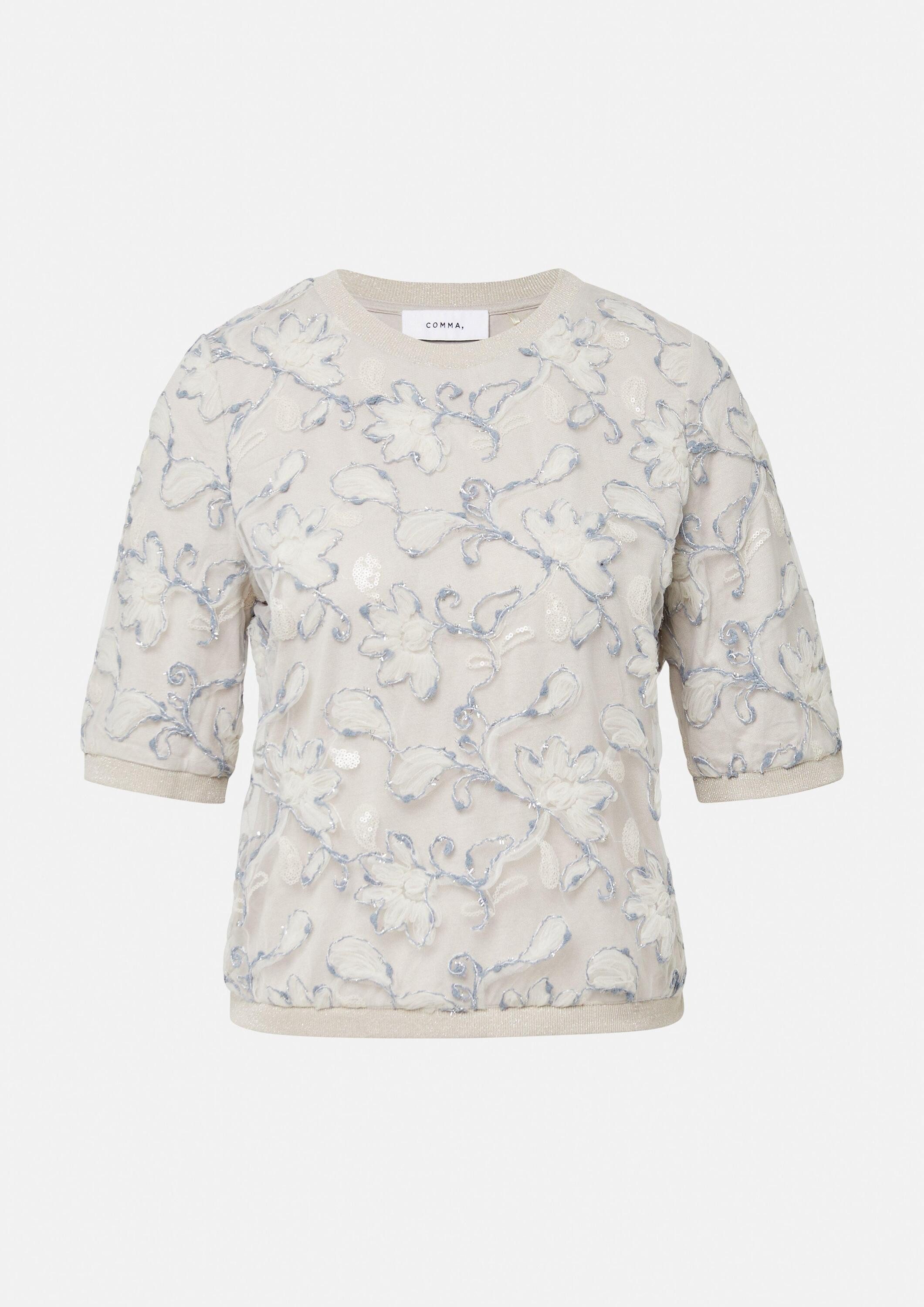 comma Kurzarmbluse Bluse Kurzarmshirt mit Glitzergarn- und Paillettenapplikation