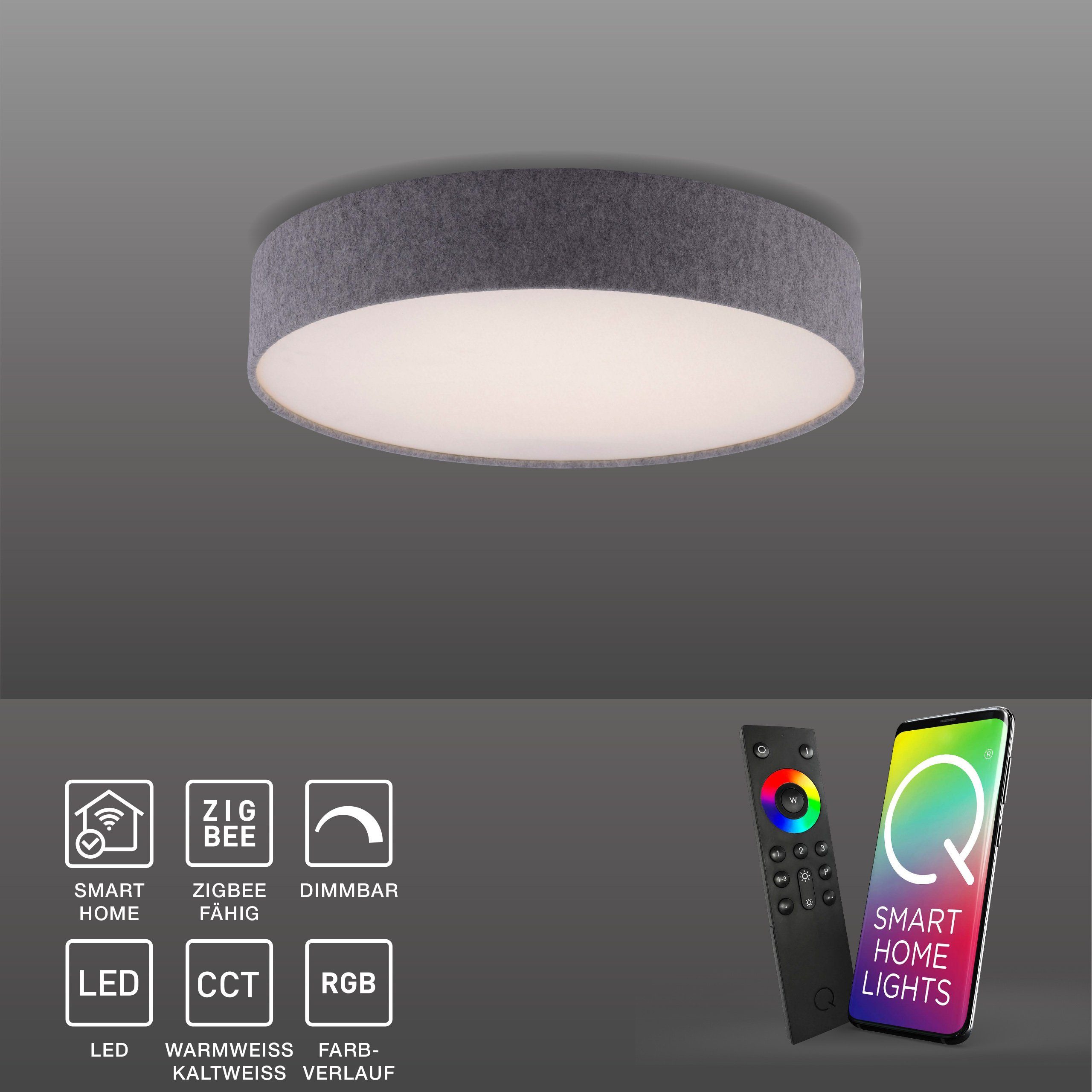 Paul Neuhaus Smarte Alexa Smart Q - LED-Leuchte LED grau Textilschirm Home, Smart Memoryfunktion, Home, Stoffschirm Deckenleuchte App Dimmfunktion, CCT-Farbtemperaturwechsel, KIARA Leuchtmittel, mit D=58cm
