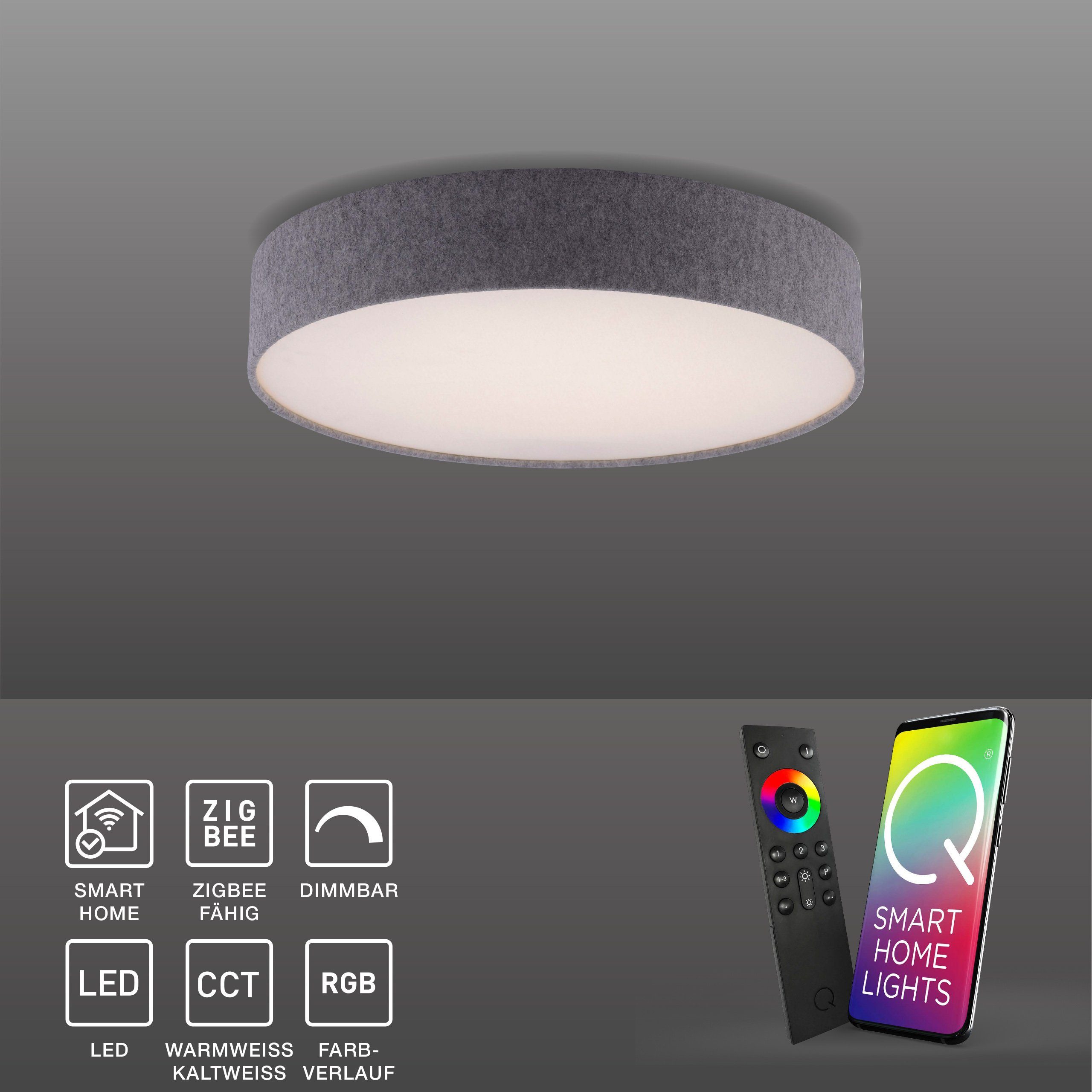 mit Smarte Stoffschirm Textilschirm grau Alexa - Dimmfunktion, Smart Home, D=58cm, Leuchtmittel, Deckenleuchte Q Home, Smart LED-Leuchte LED Neuhaus Memoryfunktion, App Paul KIARA CCT-Farbtemperaturwechsel,