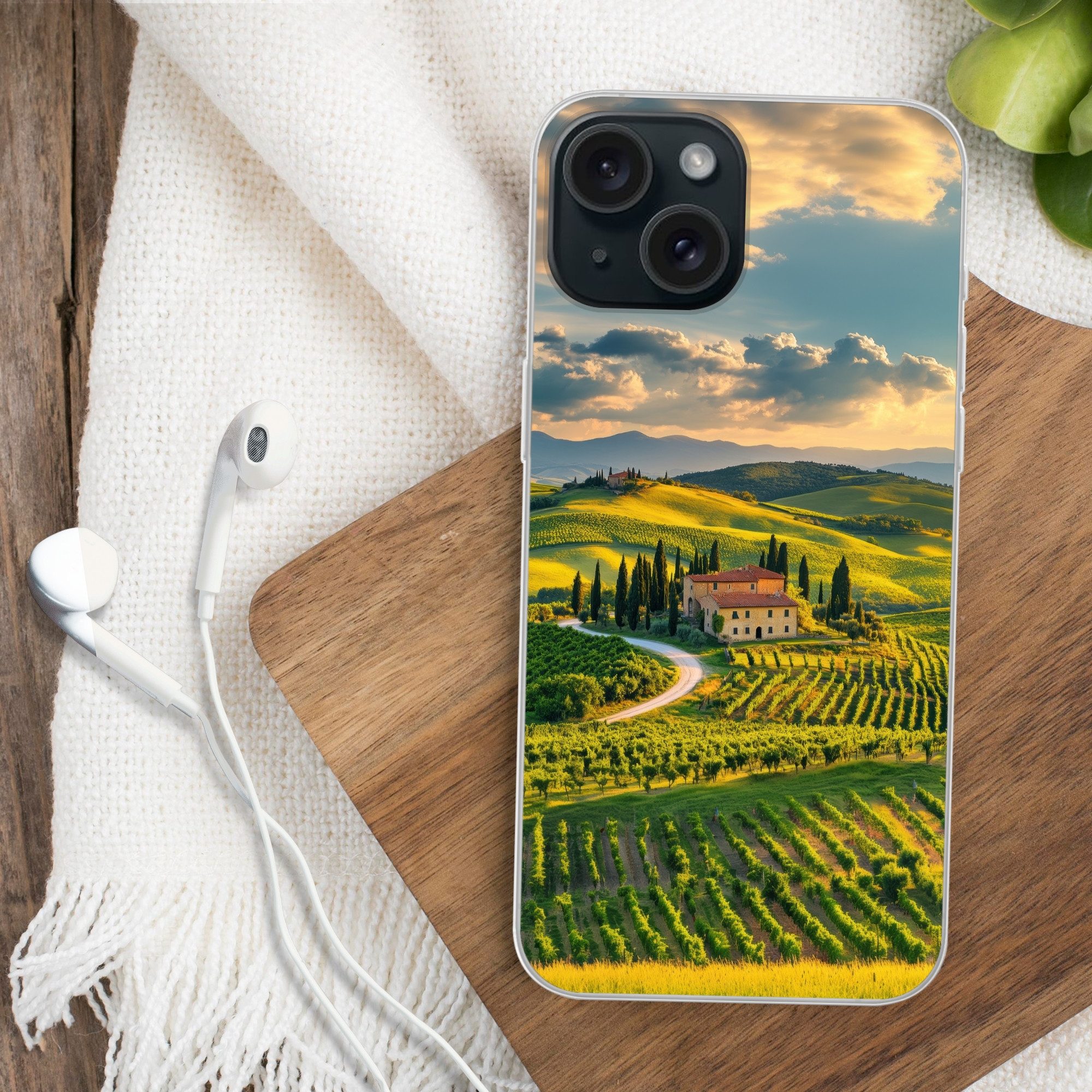 MuchoWow Handyhülle für Apple iPhone 15 Toskana - Landschaft - Weinberge, Smartphone-Bumper, Print, Handy Schutzhülle Dünn