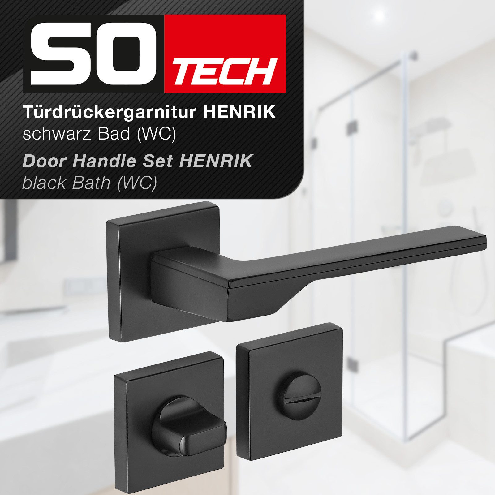 SO-TECH® Drückergarnitur Türdrücker HENRIK Aluguss schwarz inkl. Befestigungsmaterial, Spar-Set, 1-tlg., mit Papier-Bohrschablone, mit WC-Rosetten - für Bad / W – Bild 2 von 5