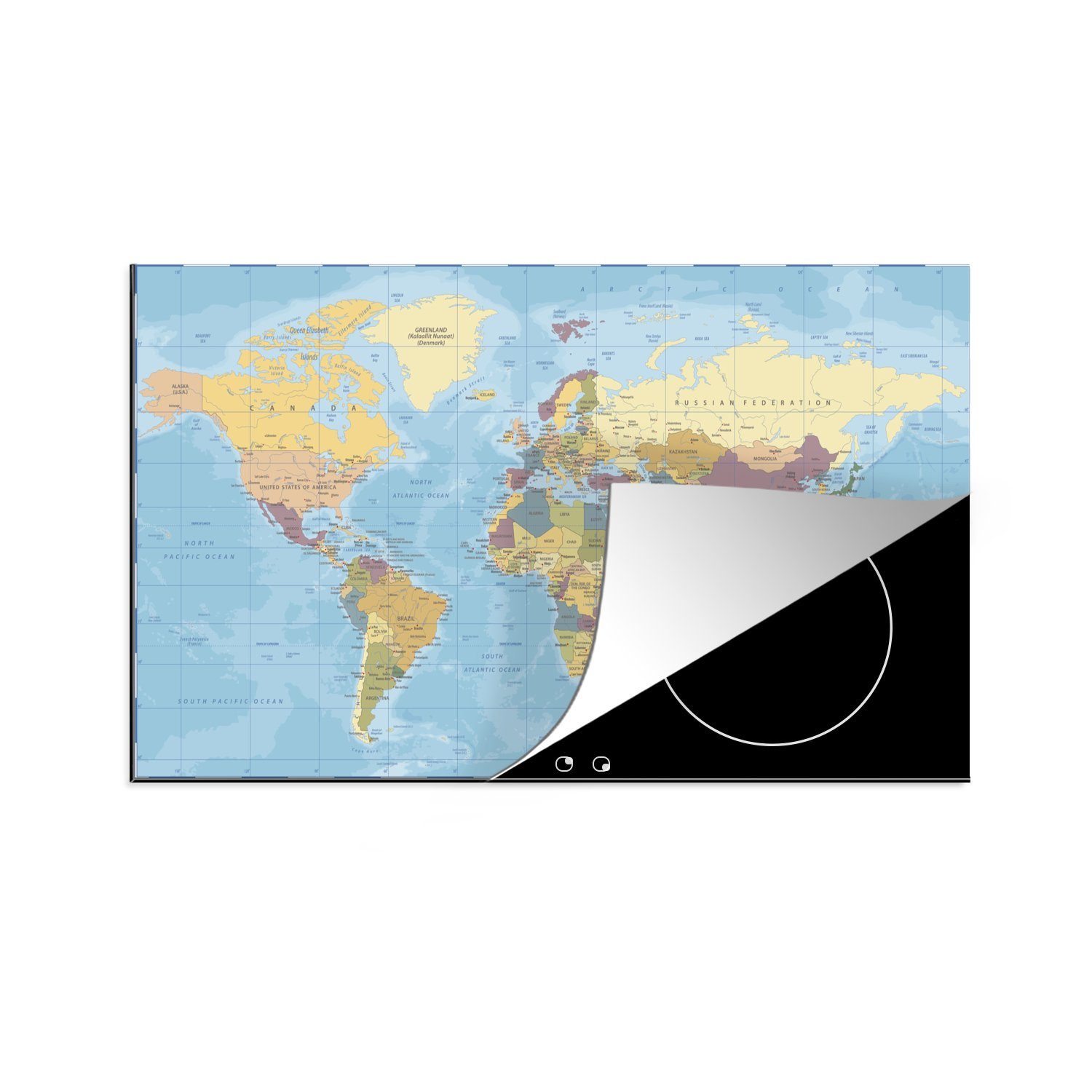 MuchoWow Herdblende-/Abdeckplatte Weltkarte - Statistisch - Jahrgang, Vinyl, (1 tlg), 83x51 cm, Ceranfeldabdeckung, Arbeitsplatte für küche