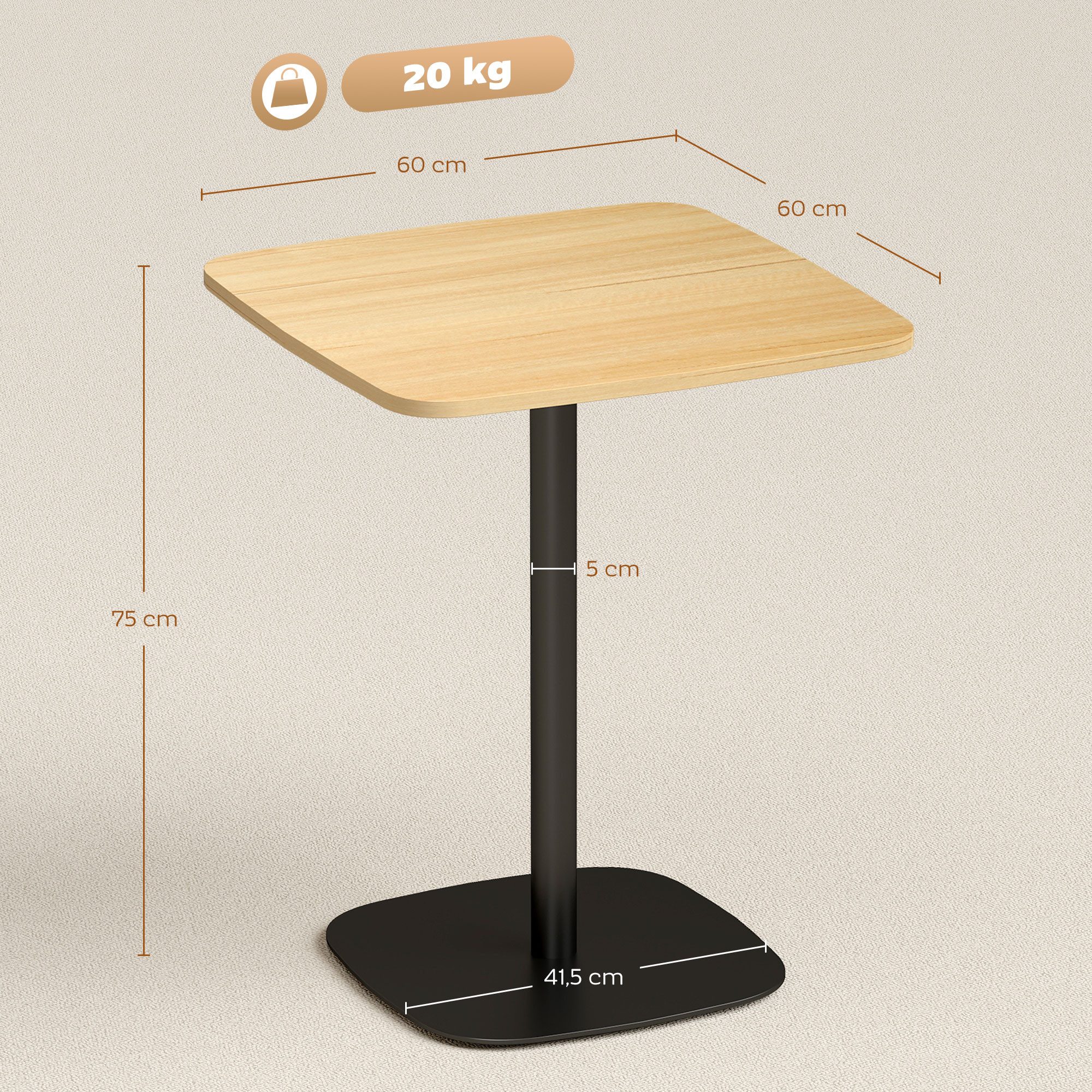 HOMCOM Esstisch Küchentisch für 2 Personen, 60 x 60 cm Esszimmertisch, Naturholz (Esszimmertisch für 2 Personen, 1-St., Küchentisch), mit Stahlgestell, für Küch – Bild 3 von 5