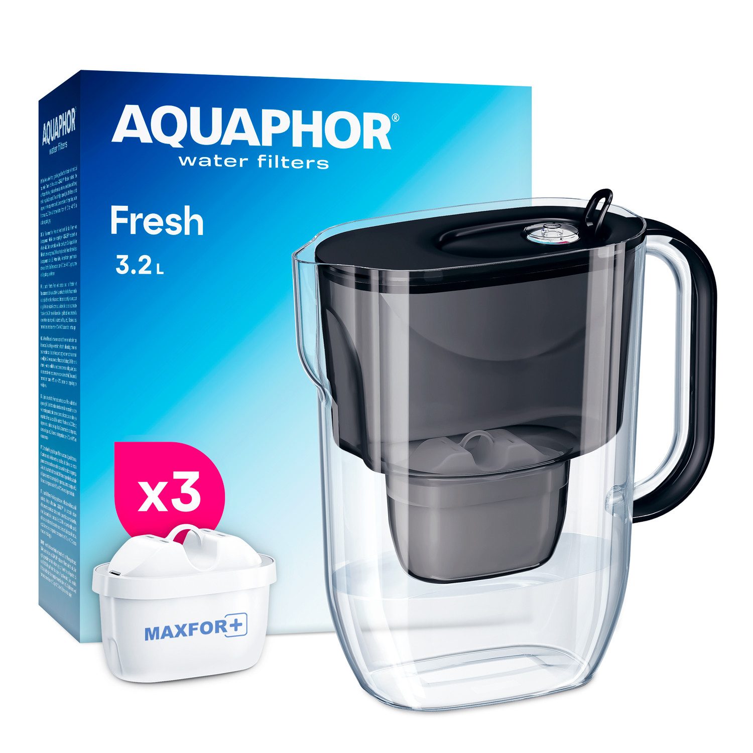 AQUAPHOR Kalk- und Wasserfilter FRESH SET Filterkanne inkl. 3x MAXFOR+ Filterkartusche, schwarz, Zubehör für Filterkartuschen MAXFOR+, +H hartes Wasser & MAXFOR+ Mg. Magnesium, 200 l, /Reduziert Kalk, Chlor & weiteren Stoffen. BPA frei