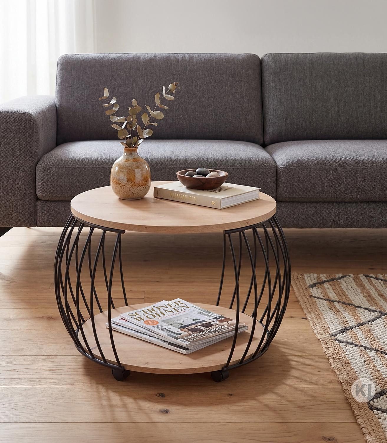 M2 Kollektion Couchtisch PEKING, Ø 60 cm, mit Rollen, mit Ablage
