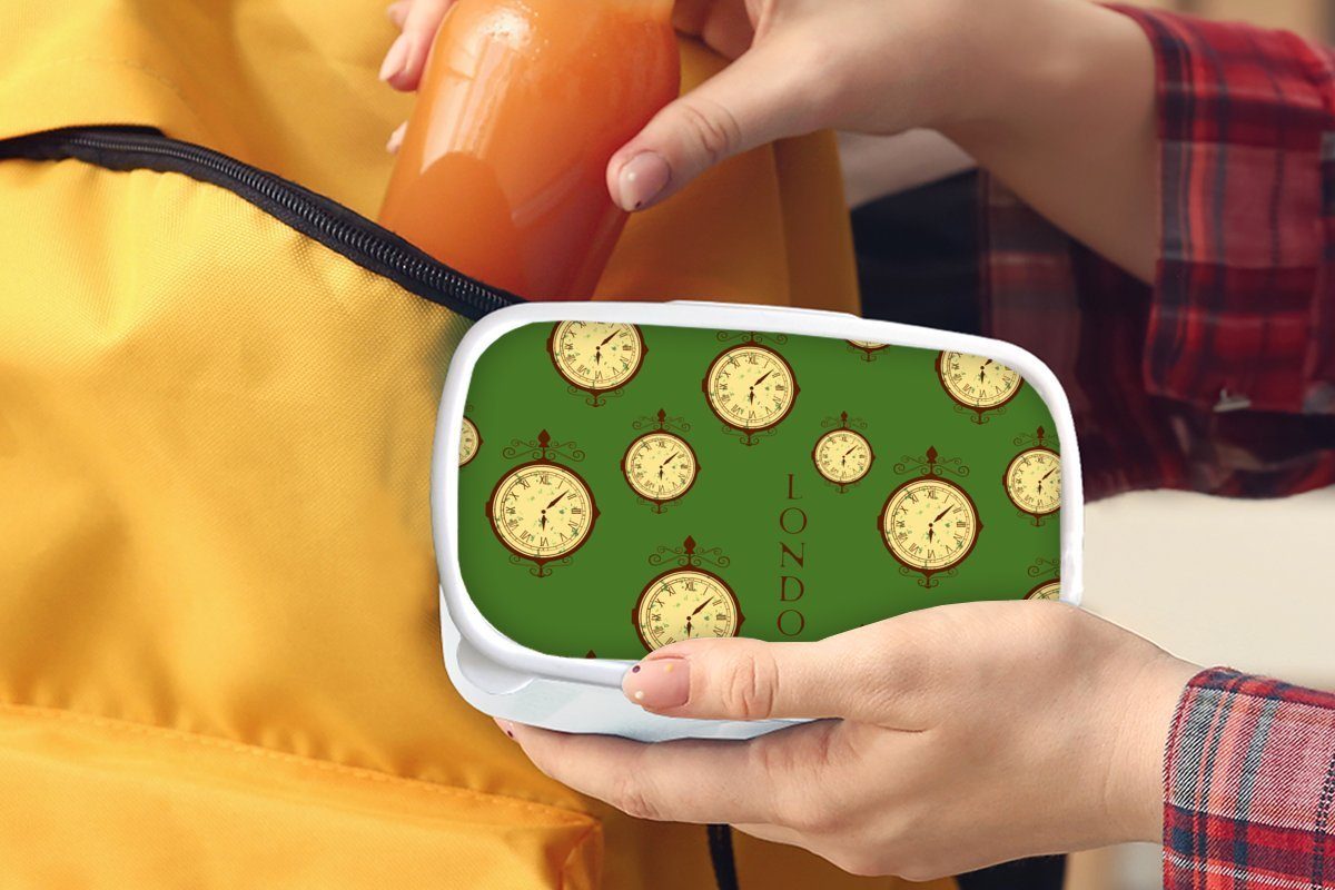 Mädchen weiß und Brotbox (2-tlg), Brotdose, Muster, - Kunststoff, für und Vintage - MuchoWow Uhr Erwachsene, für Lunchbox - Jungs London Kinder