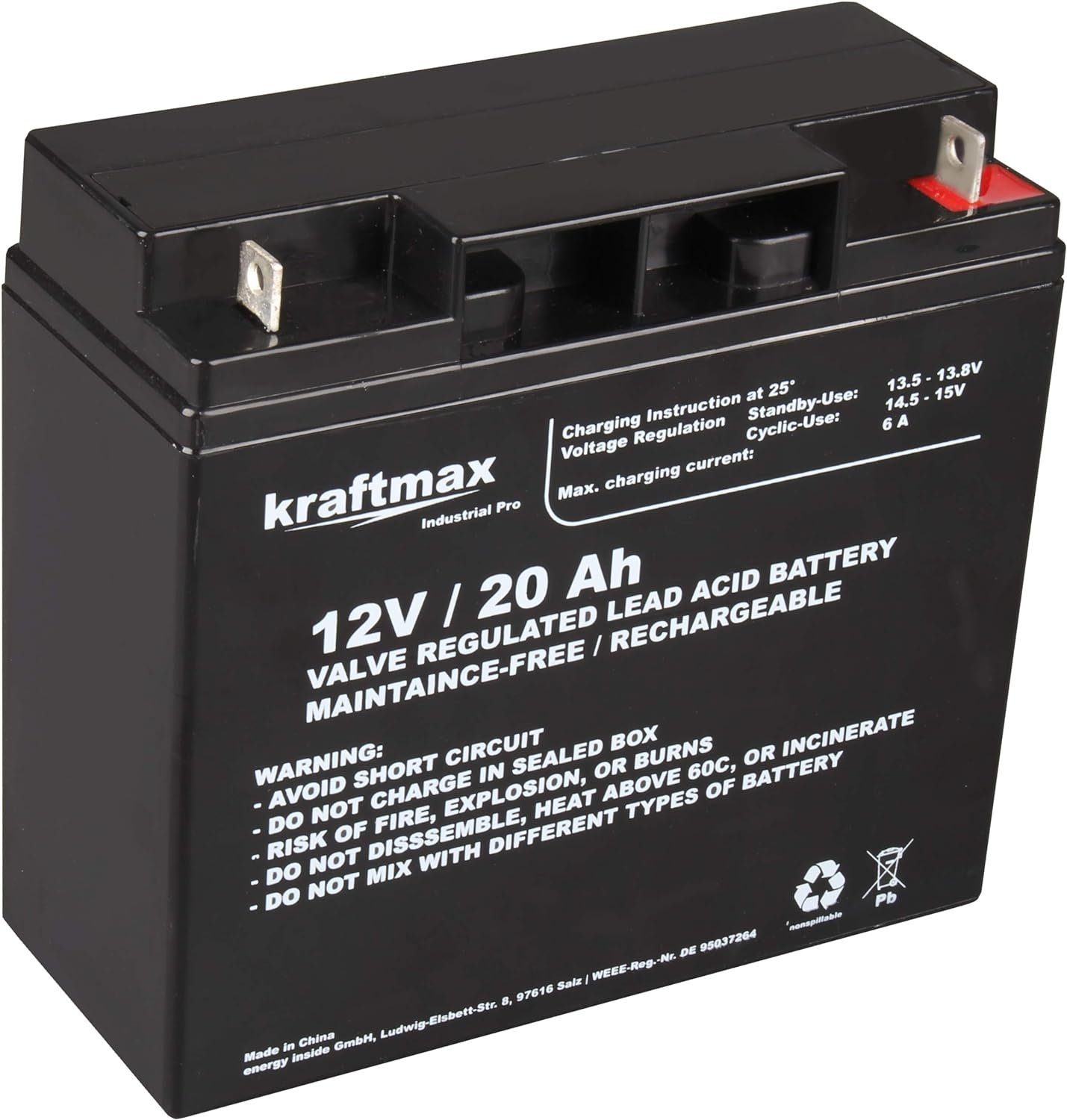 kraftmax Industrial Pro Bleiakku [ 12V / 20Ah ] AGM Hochleistungs- Blei Akku Bleiakkus (1 St)