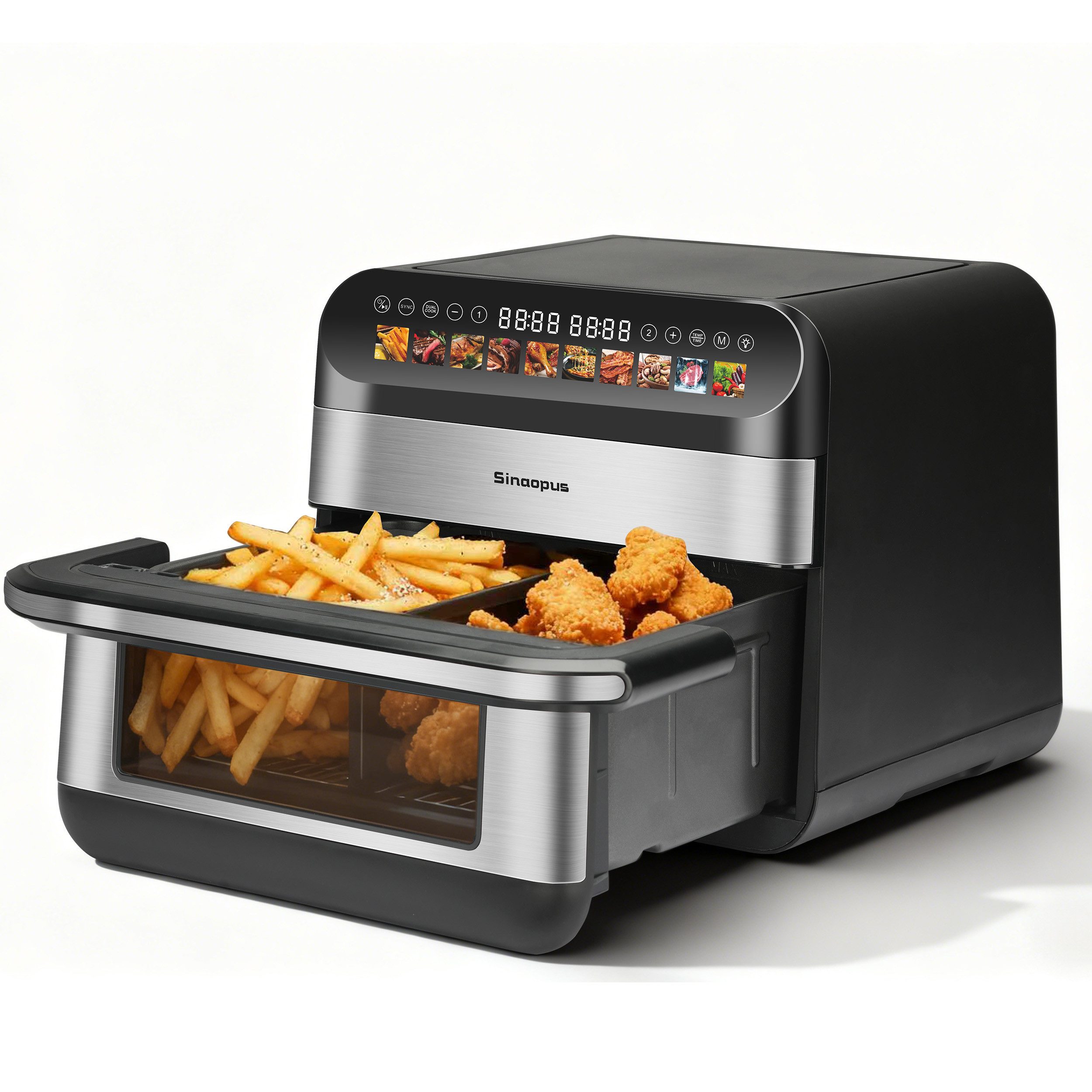 TAB Heißluftfritteuse Airfryer mit Doppelkammer & Sichtfenster, 10 Programme, 2400 W, getrennte Körbe mit Sichtfenster & Licht, synchronisiertes Garen