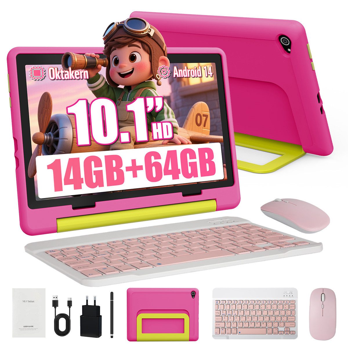 Happybe Android 14 10-Zoll, 14GB RAM + 64GB ROM (TF Expand 1TB) Kinder Tablet (10", 64 GB, Android 14, WiFi 6, HD IPS 1280x800, Lernen durch Spielen, mit Tastatur/Stift/Maus)
