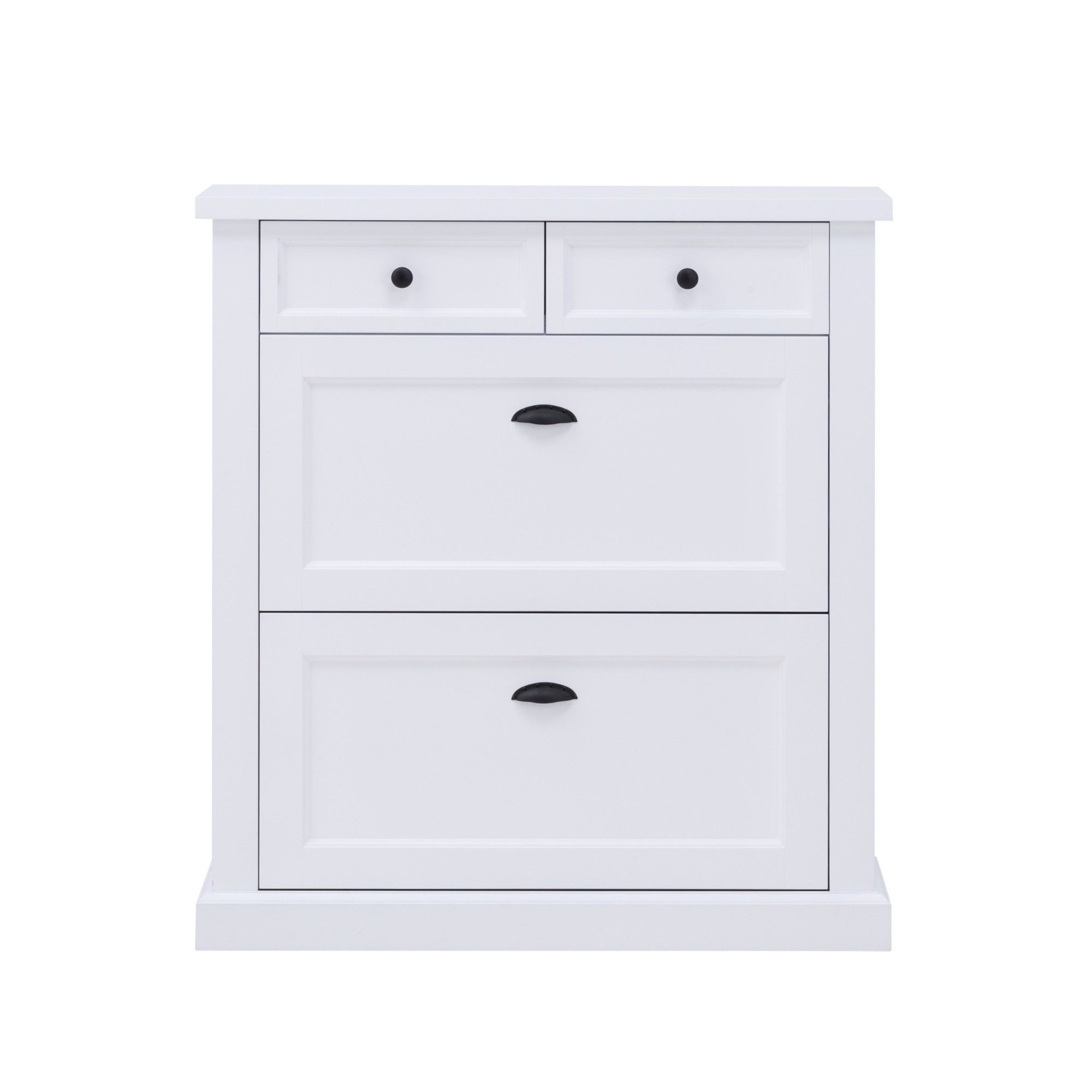 Feldmann-Wohnen Schuhschrank Galineo (1x Schuhschrank, 2x Klappen mit je 2 Fächern, 2x Schubladen, Muschelgriffe & Knopfgriffe, 1-St., Ein praktischer Schuhschrank im Landhaus-Stil) 97,5x27,5x110cm, Farbe weiß, Schuhschrank