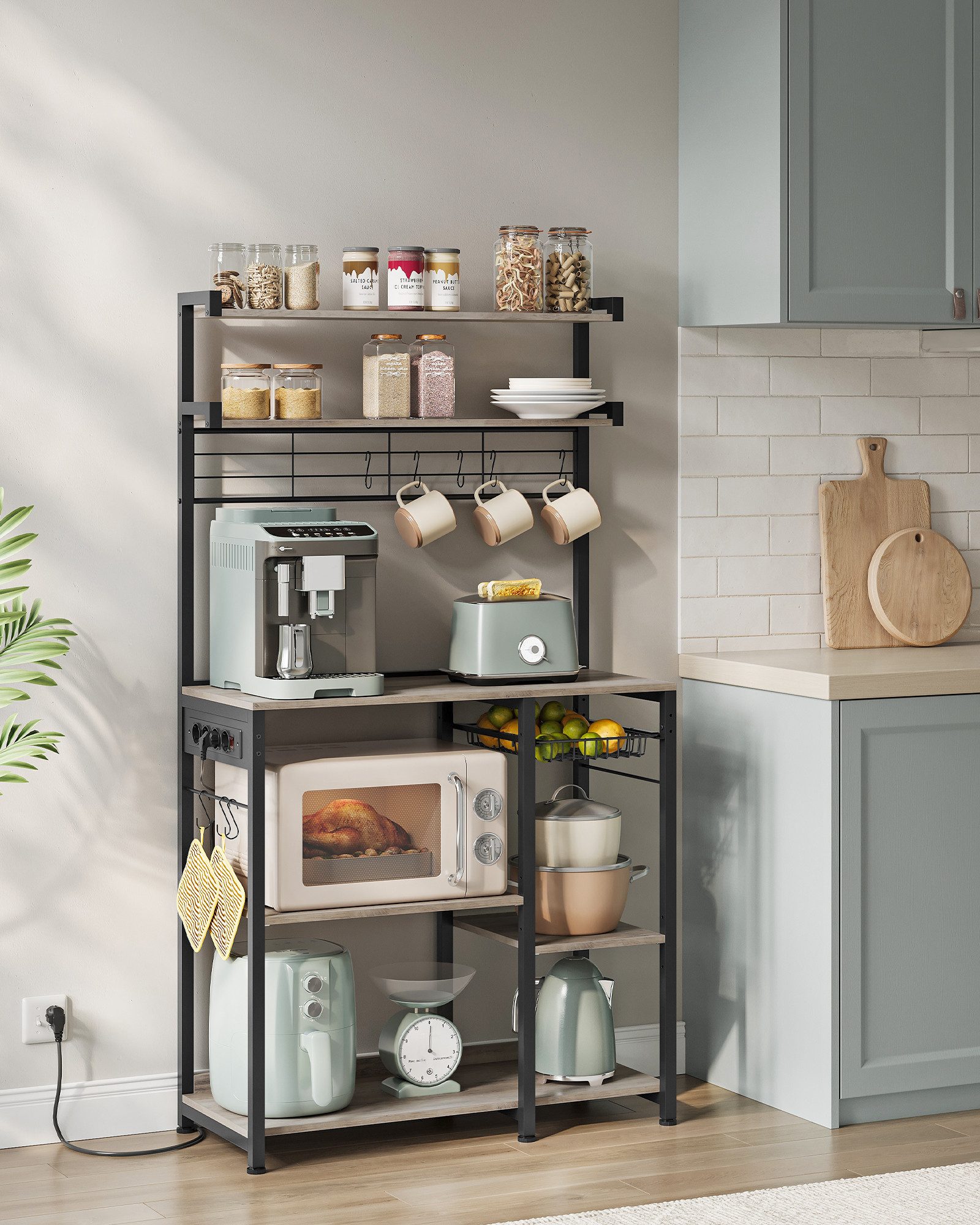 VASAGLE Küchenregal, Küchenregal mit Steckdosen, 8 S-Haken, mit Korb, Gewür günstig online kaufen