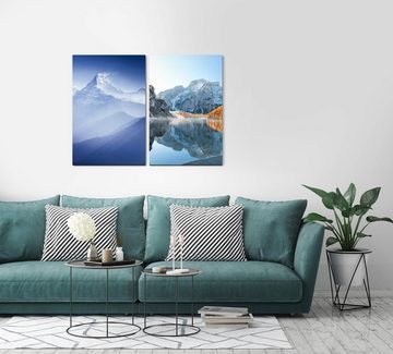 Sinus Art Leinwandbild 2 Bilder je 60x90cm Berggipfel Bergsee Klares Wasser Himalaya Reflexion Idyllisch Stille