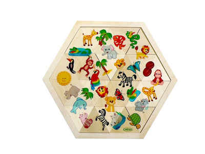 HESS Puzzle Legespiel Mosaiklegespiel Dschungeltiere 24T. Holzspielzeug Puzzle, 24 Puzzleteile, 24 bunt bedruckte Dreiecke