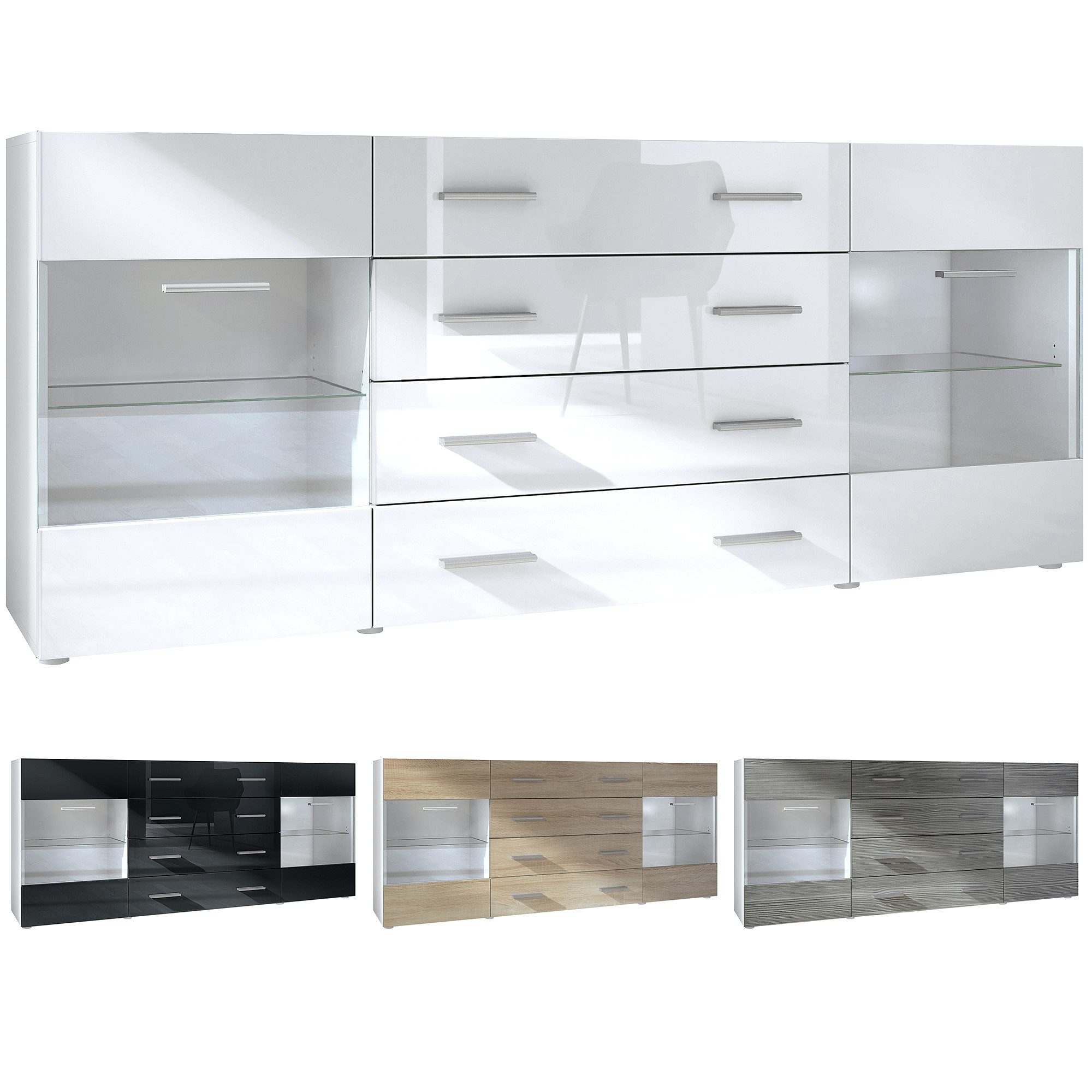 Vladon Sideboard Carlos V2 (Kommode mit 2 Türen, 4 Schubladen und 2 flexible Glaseinlegeböden), Weiß matt/Brombeer Hochglanz (166 x 72 x 35)