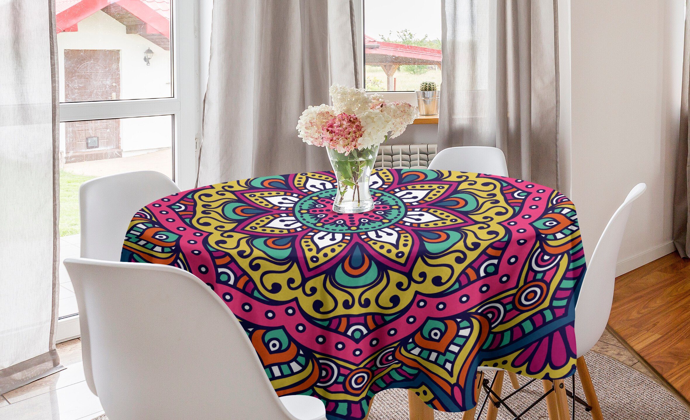 für Kreis Esszimmer Mandala Blumenmotiv Dekoration, Bunte Abdeckung Tischdecke Tischdecke Abakuhaus Küche