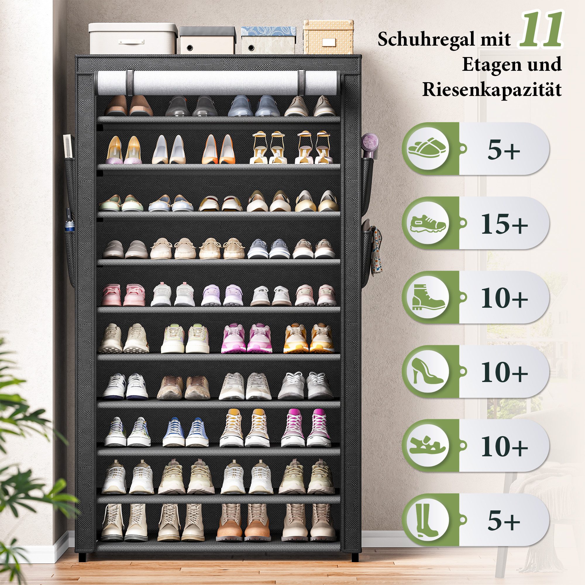 Klyvvo Schuhregal 11 Ebenen, 30cm Tiefe Schuhschrank bis EU 47 für 50 Paare Schuhe, 1-tlg., Schuhschrank Hoch mit Sichtbarer Staubdichter Überzug, Schwarz – Bild 5 von 5