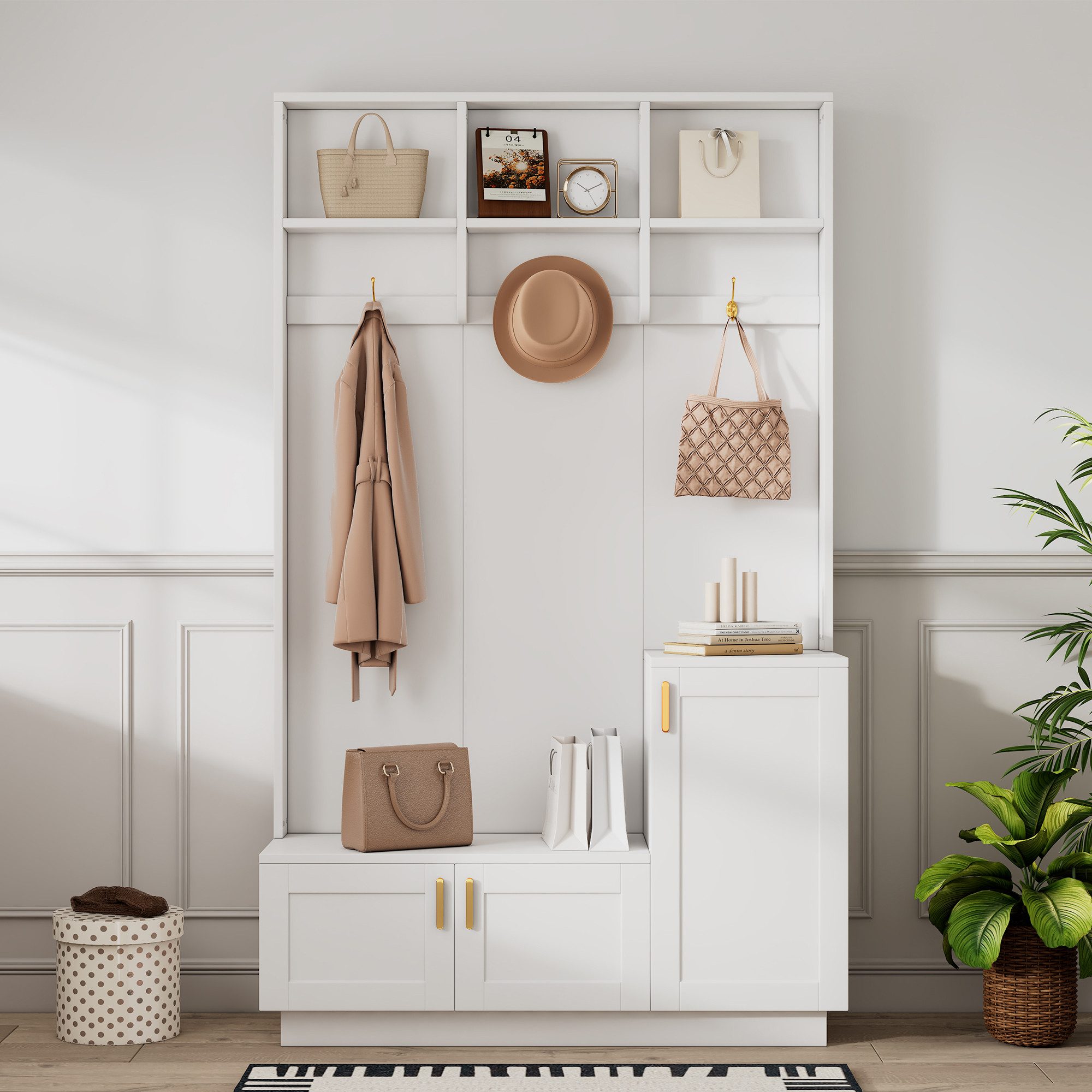 REDOM Garderoben-Set Moderner Garderobenschrank, (mit 3 Haken, Schuhablage und verstellbarem Stauraum – Elegante, platzsparende Flurmöbel für Flur, Eingangsbereich und kleine Haushalte, 1-St., 3 Haken, 3 Tür), mit einer Bank, 3 Haken