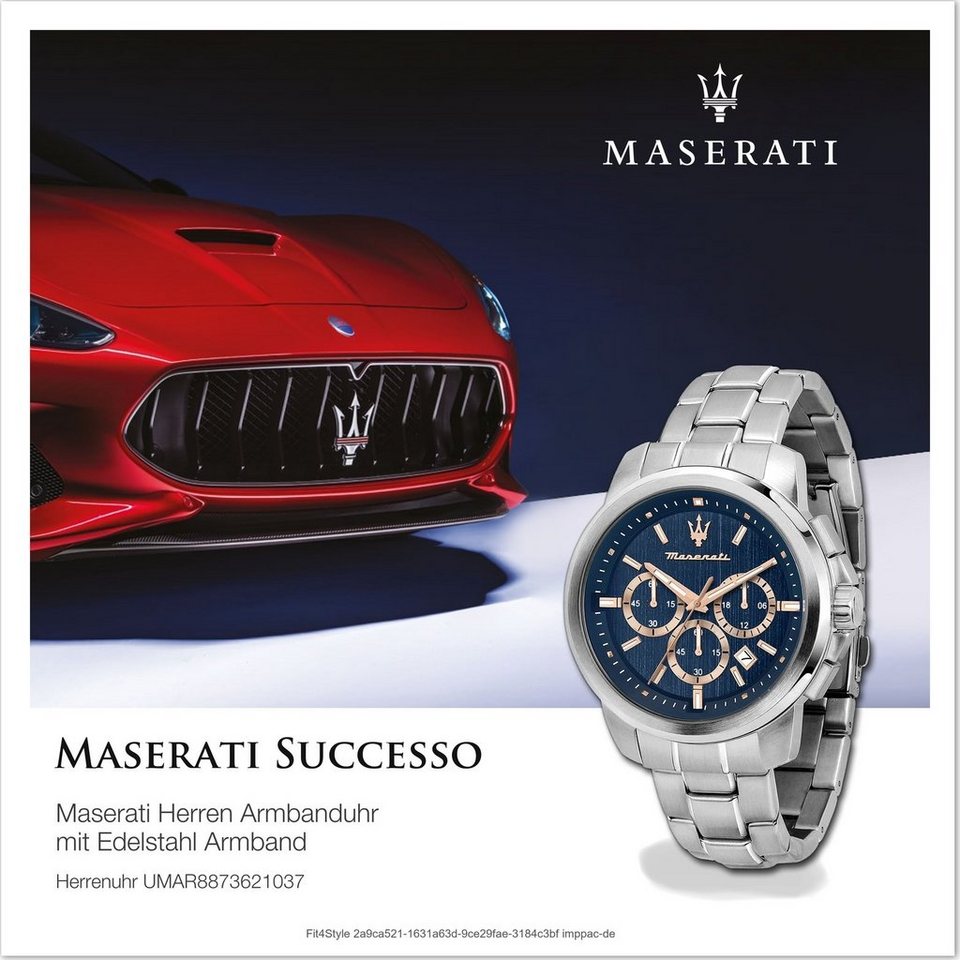 MASERATI Chronograph Maserati Herrenuhr Chrono, Herrenuhr Edelstahlarmband,  rundes Gehäuse, groß (ca. 44mm) blau
