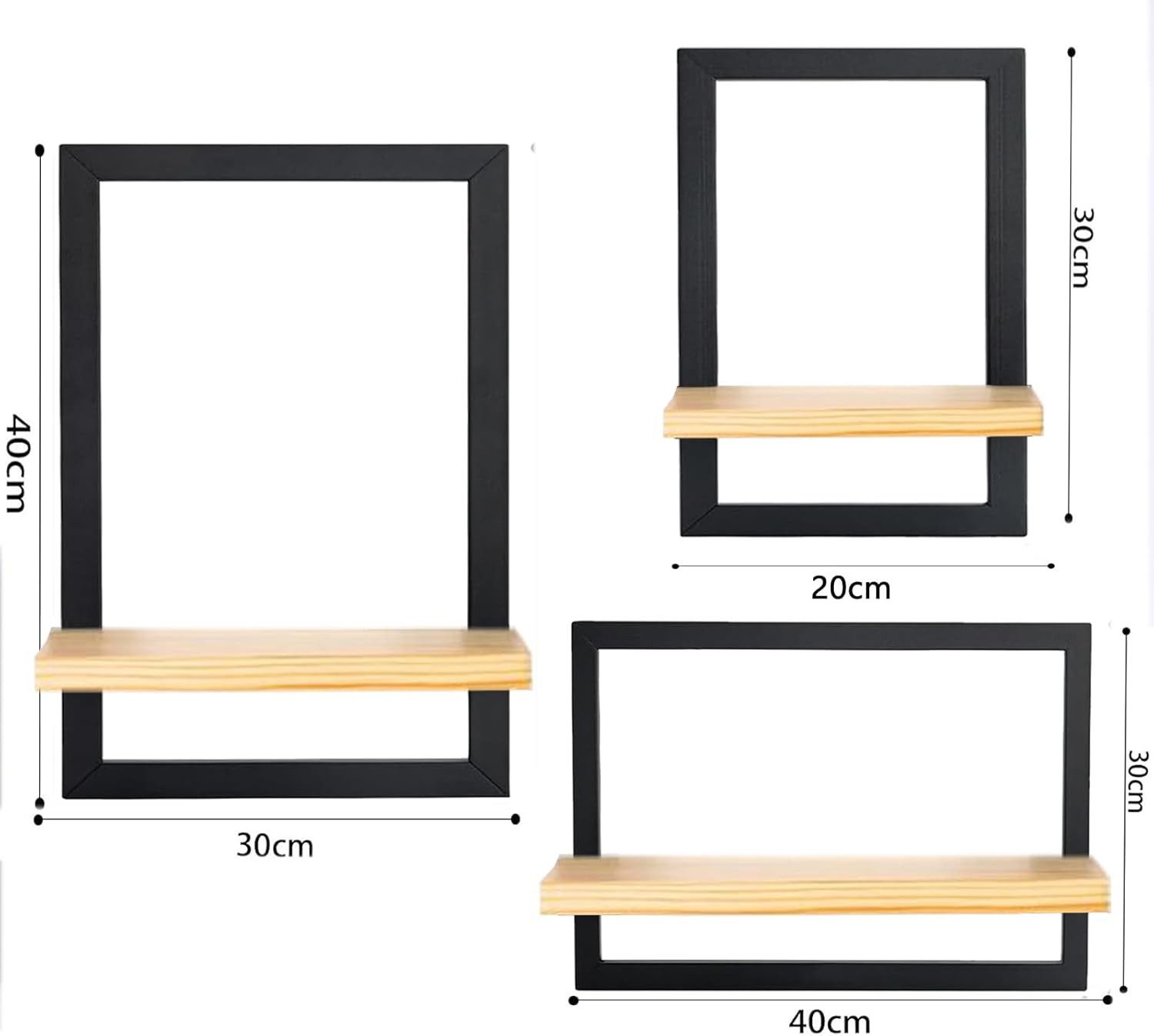 Holz Lichter Wandregal 3‑tlg. Floating Wandregal – Holz & Metall, modern geom. Design, 3-tlg., Schweberegal aus Holz+Metall – platzsparend, vielseitig, langlebig