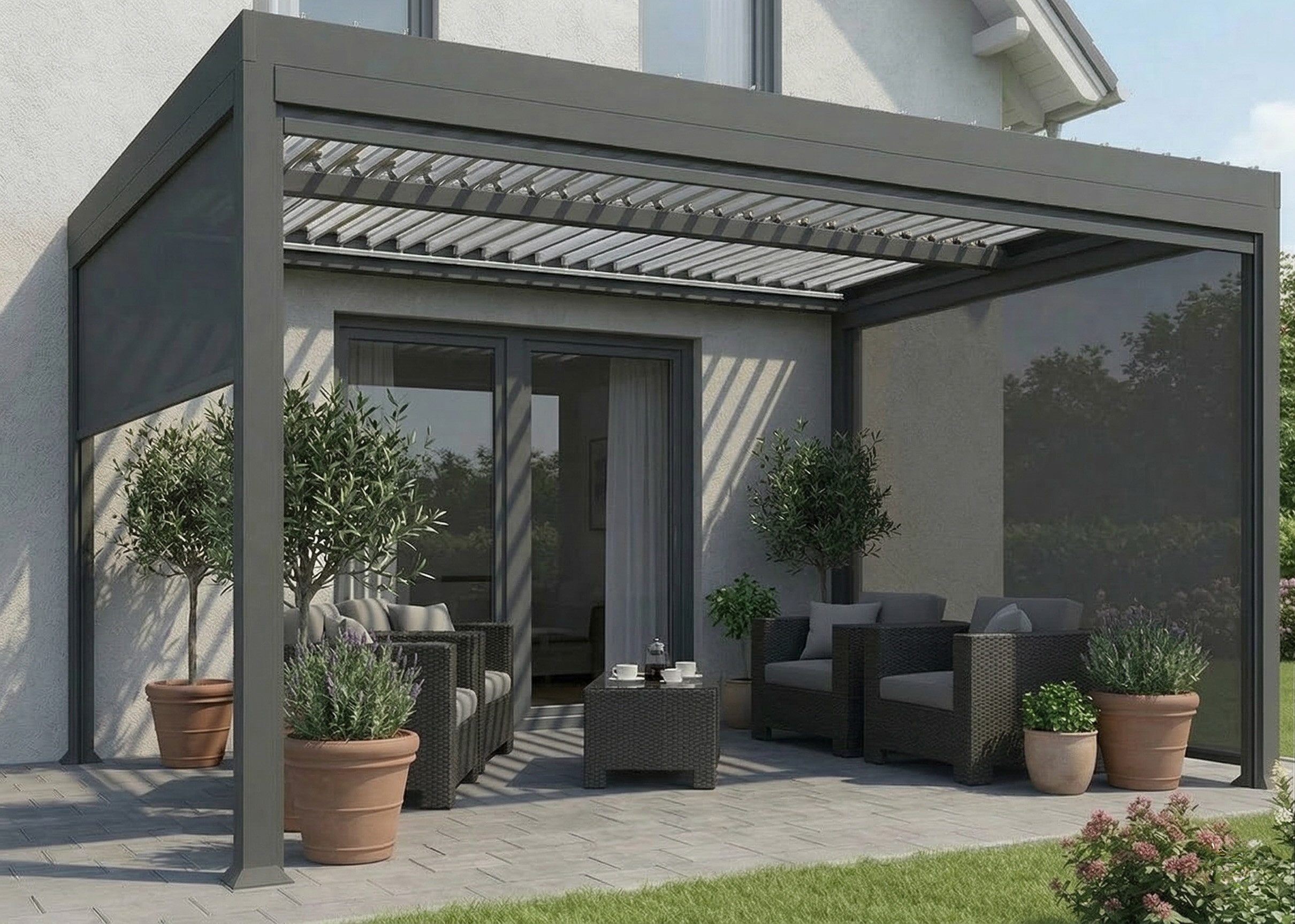 MCW Terrassendach Terrassenvordach Pergola Terassenüberdachung Lamellen Seitenrollos