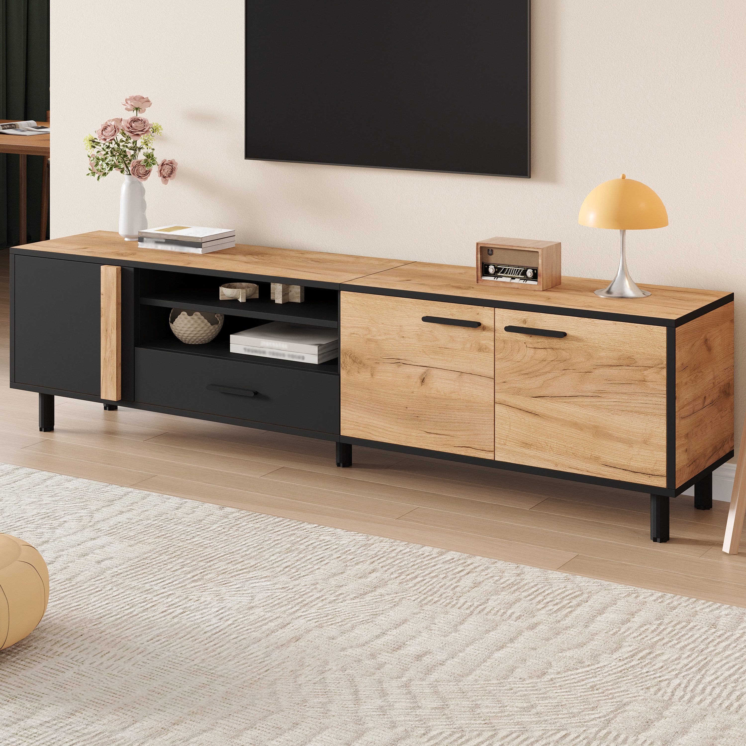 Merax Lowboard in Holzoptik & Schwarz, TV-Ständer (1 St), TV-Schrank mit 3 Türen, 1 Schublade und offenen Fächern, 180x32.5x50cm
