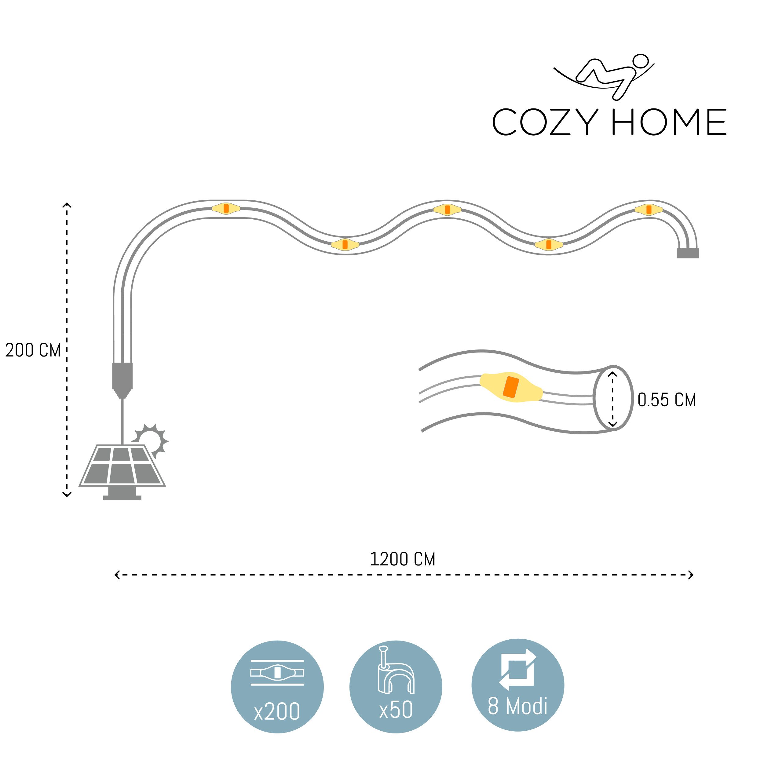 COZY HOME LED-Lichterkette Schlauch LED Stecker & Solar -, 200 LED I 8 Modi & Timer I 12m I Lichtschlauch I Outdoor – Bild 3 von 5