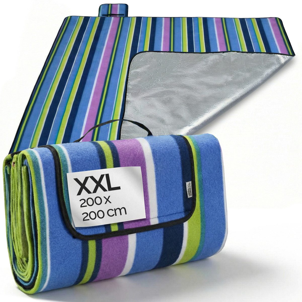 Picknickdecke, Detex, XXL 200x200 cm Wasserdicht Wärmeisoliert 4-6 Personen Streifen
