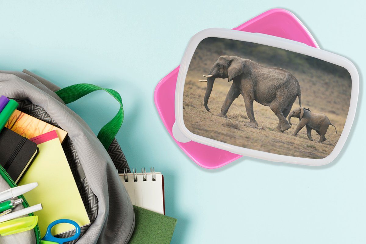 Kunststoff Brotbox Brotdose Tiere Mädchen, - rosa Lunchbox - Elefant MuchoWow Kunststoff, Snackbox, Kinder, Erwachsene, Natur, - (2-tlg), Savanne für