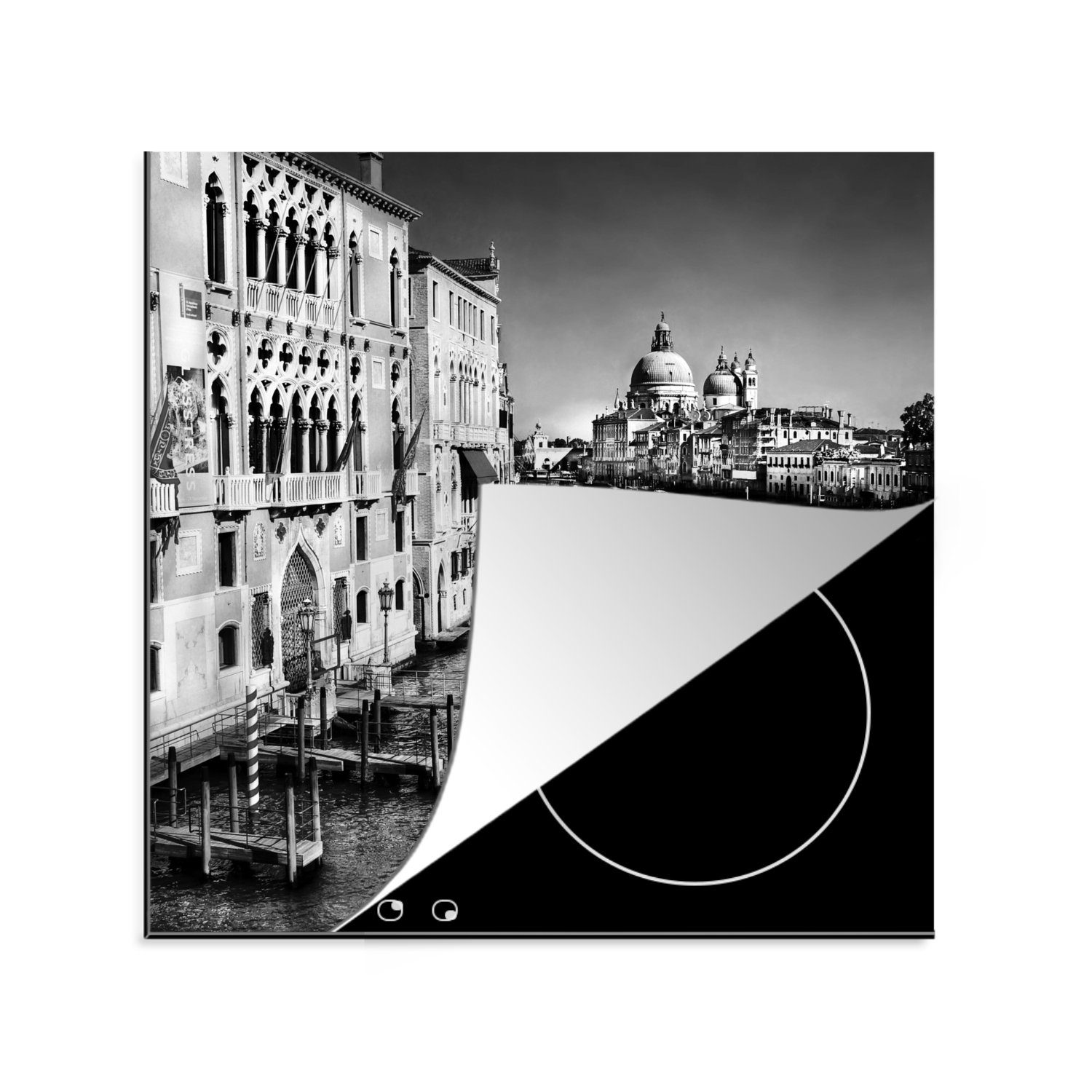 MuchoWow Herdblende-/Abdeckplatte Blick über Venedig in schwarz-weiß, Vinyl, (1 tlg), 78x78 cm, Ceranfeldabdeckung, Arbeitsplatte für küche